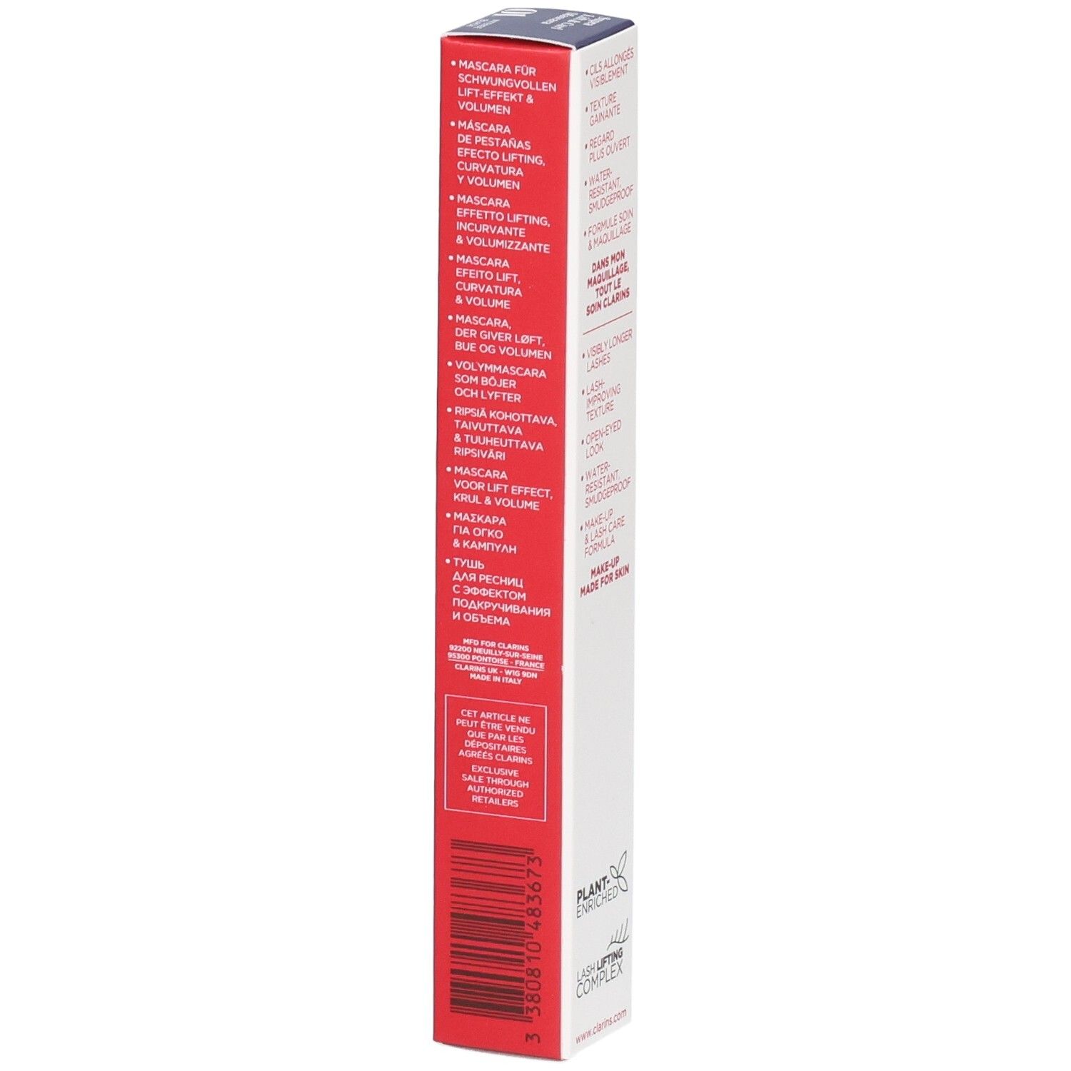 Emballage du mascara Clarins Supra Lift & Curl, côté avec descriptions produit multilingues et code-barres.