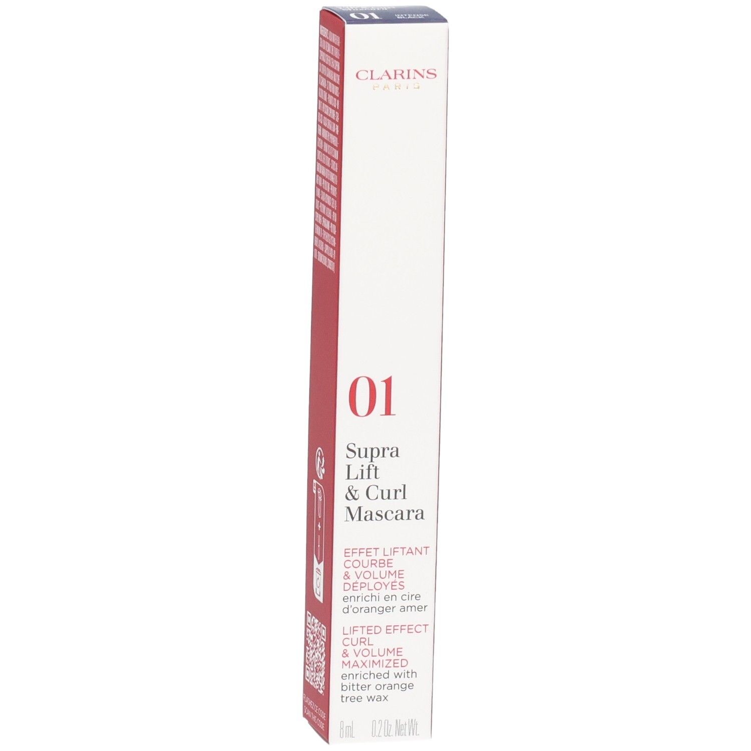 Emballage du mascara Clarins Supra Lift & Curl, face avant avec logo, nom produit et numéro couleur 01.