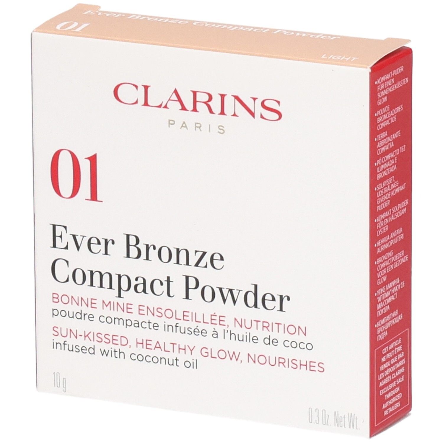 Packaging Clarins Ever Bronze Compact Powder 01 Light. Avec informations produit et nom de marque.
