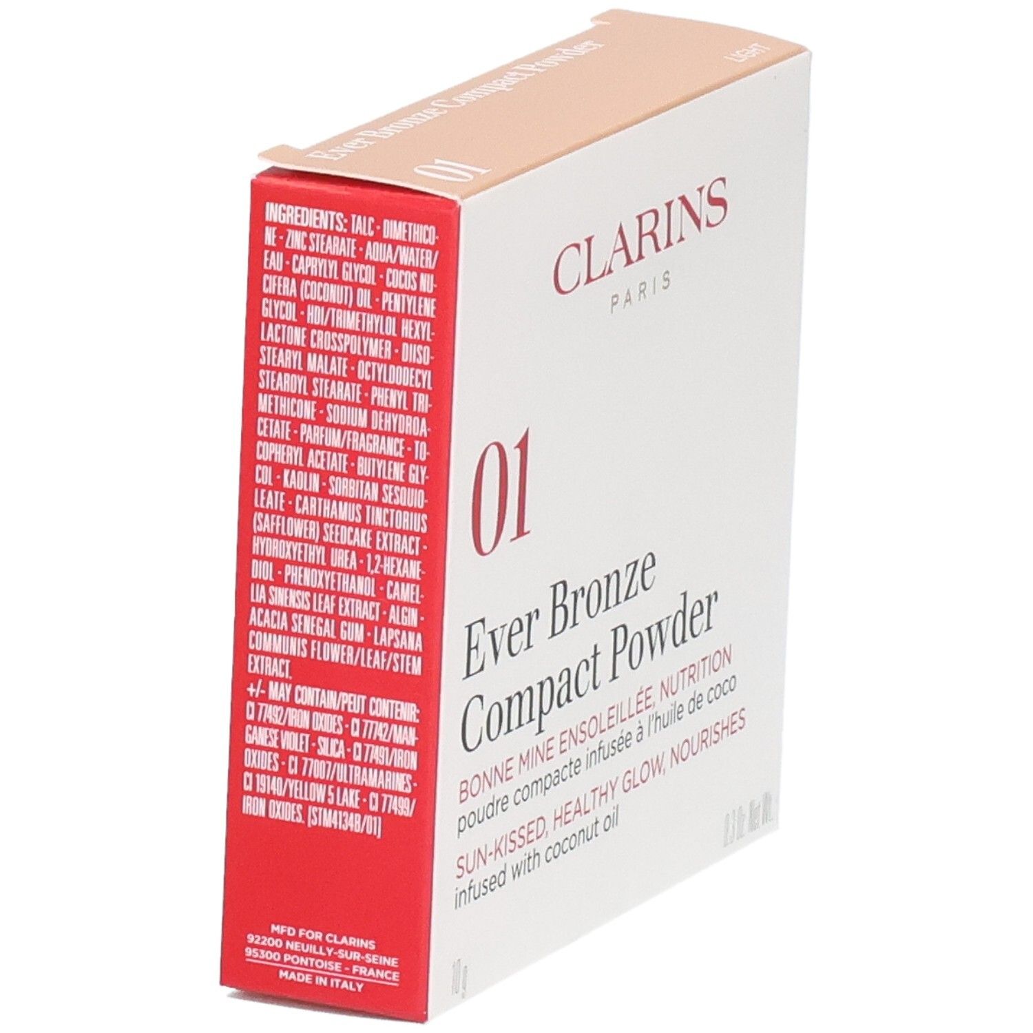 Packaging Clarins Ever Bronze Compact Powder 01 Light, côté avec ingrédients et lieu de fabrication.
