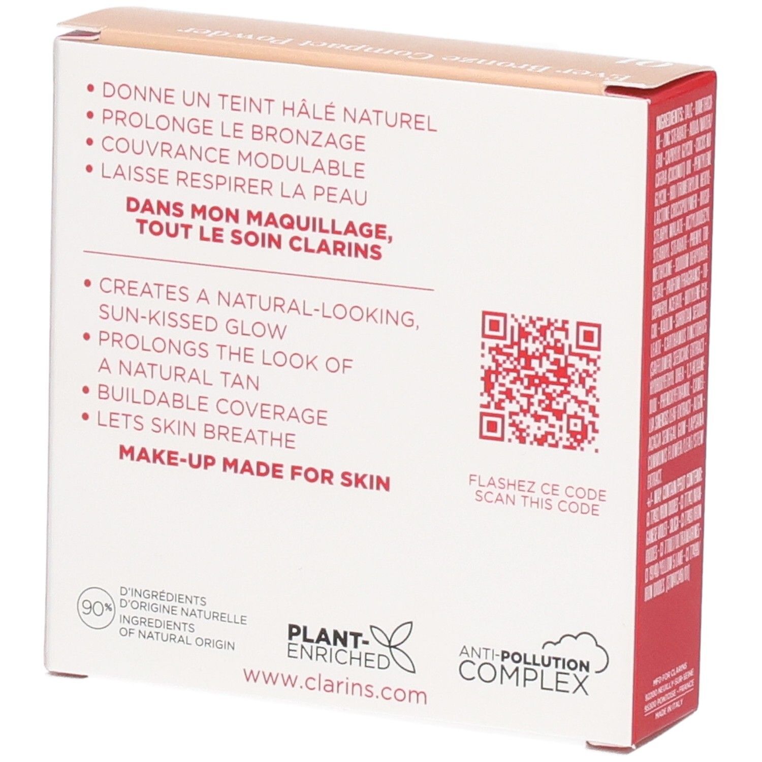 Packaging Clarins Ever Bronze Compact Powder 01 Light, dos avec avantages produit et code QR.