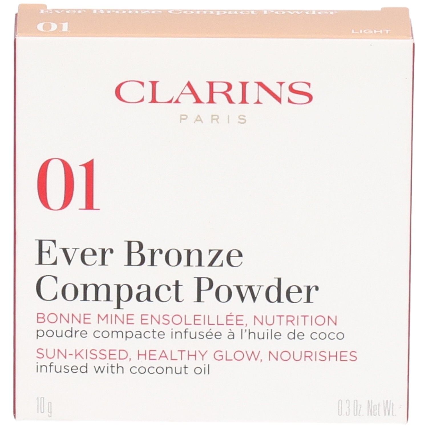 Packaging Clarins Ever Bronze Compact Powder 01 Light, face avant avec nom produit et teinte.