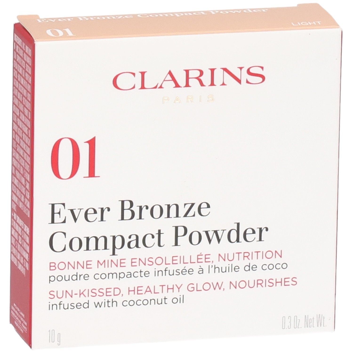 Packaging Clarins Ever Bronze Compact Powder 01 Light, face avant avec nom de marque et désignation produit.