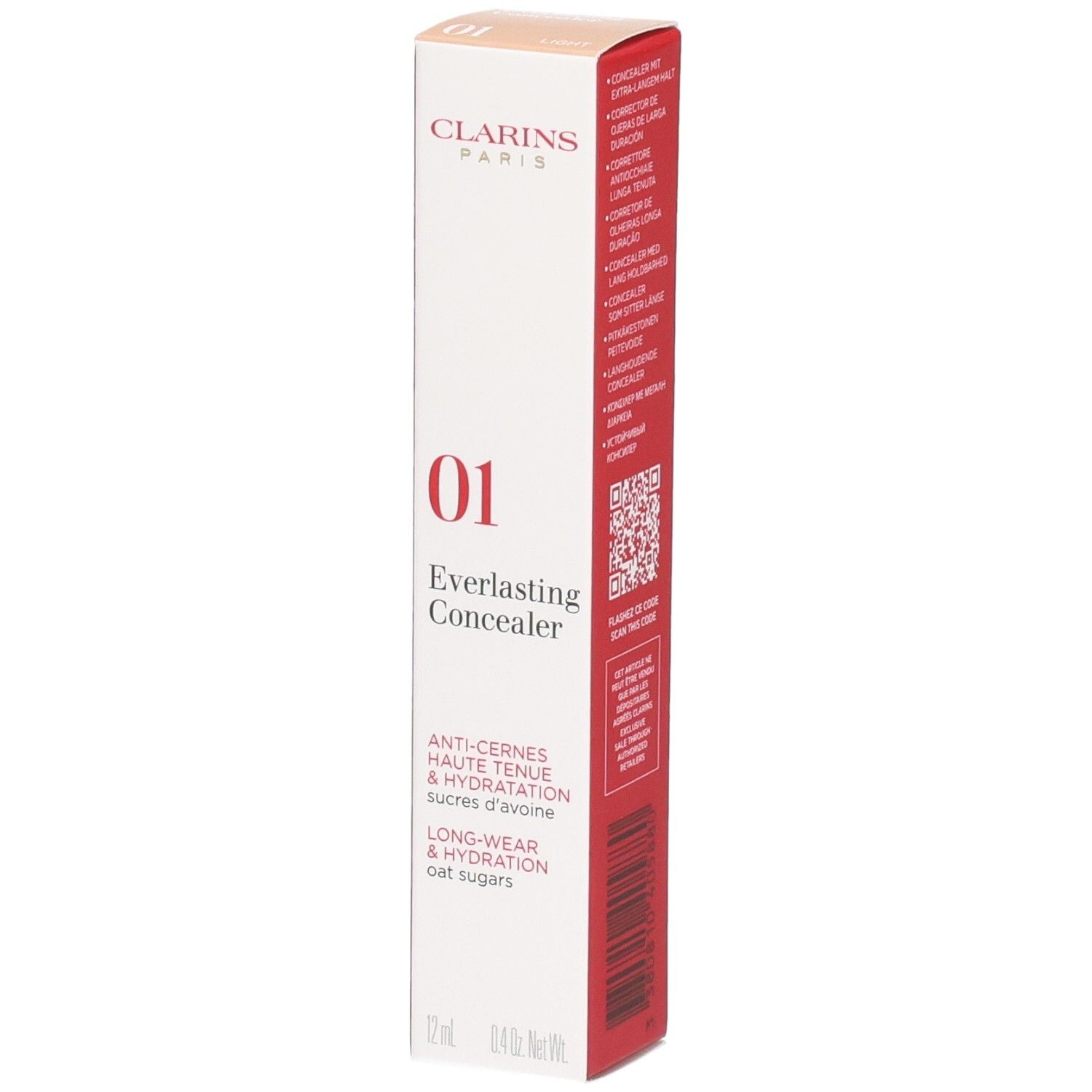 Clarins Everlasting Concealer, teinte 01, sur emballage carton.