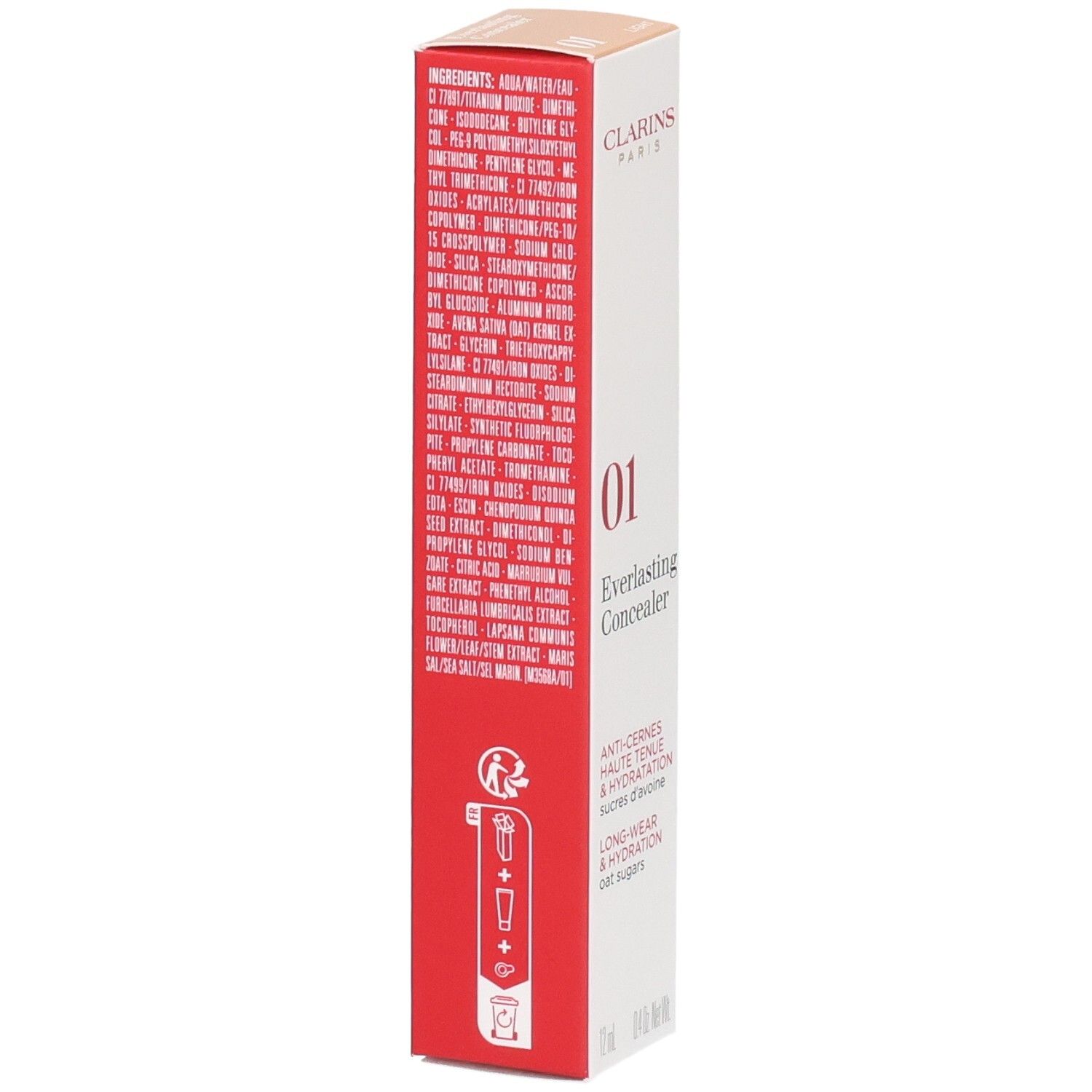 Clarins Everlasting Concealer, teinte 01, arrière de l'emballage carton avec ingrédients.