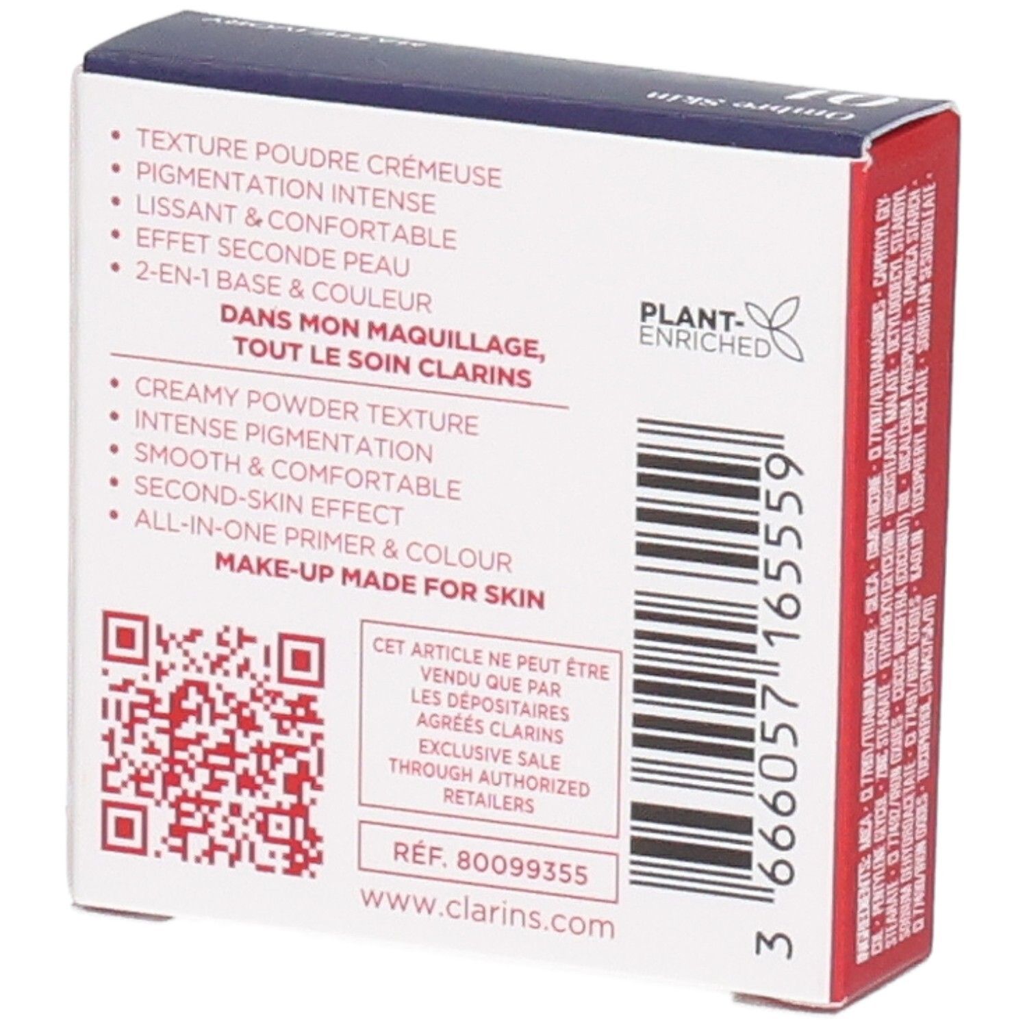 Clarins Ombre Skin 01 Matte Ivory, emballage de fard à paupières, verso avec caractéristiques produit.