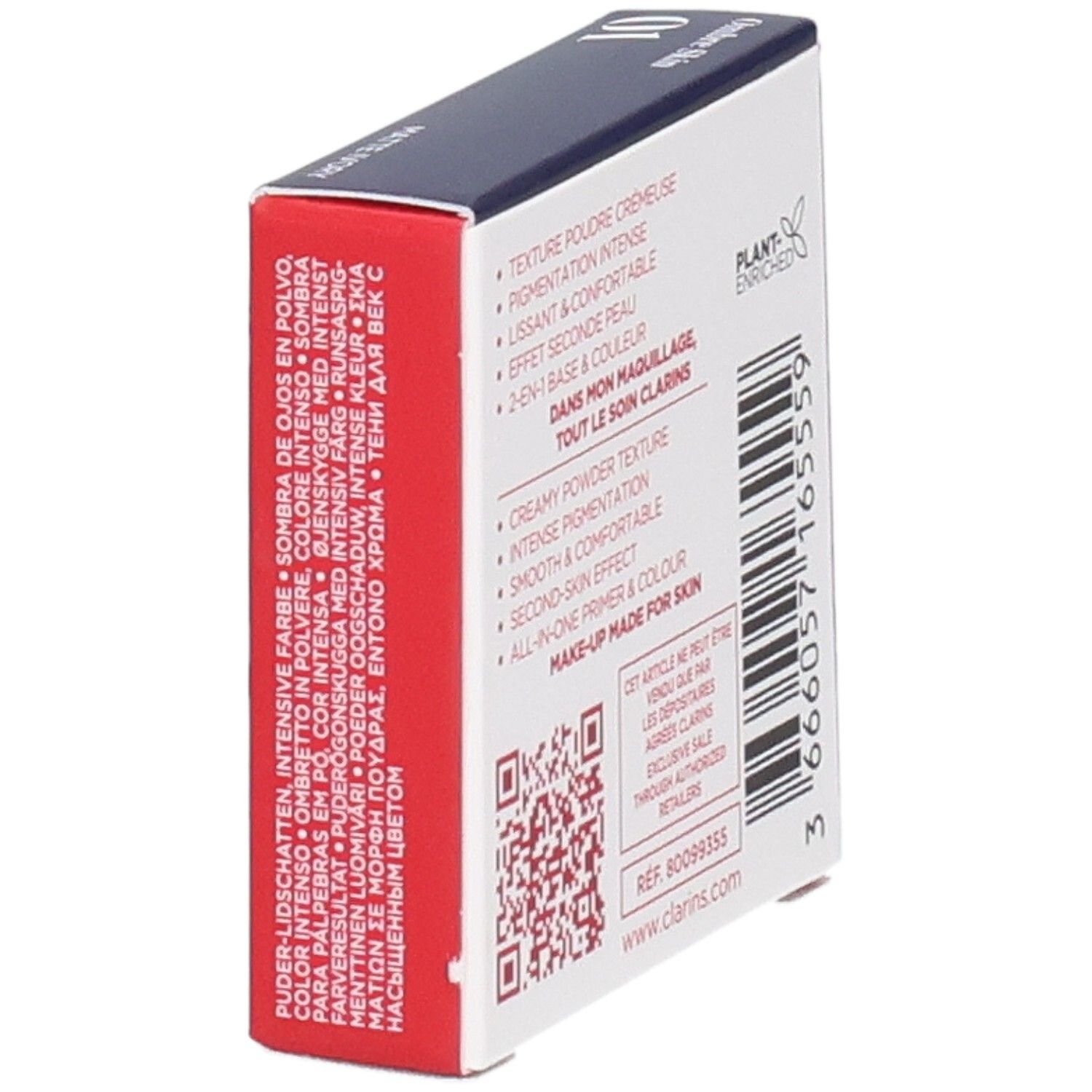 Clarins Ombre Skin 01 Matte Ivory, emballage de fard à paupières, côté avec caractéristiques produit.