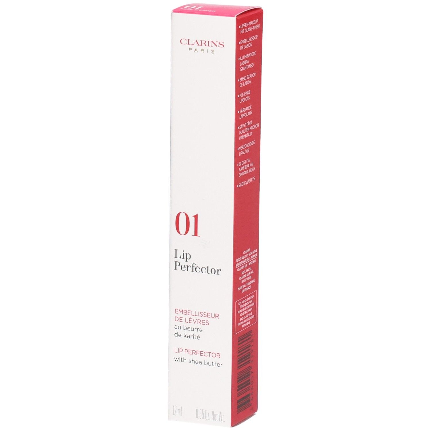 Clarins Lip Perfector 01 dans un emballage rose avec informations produit.