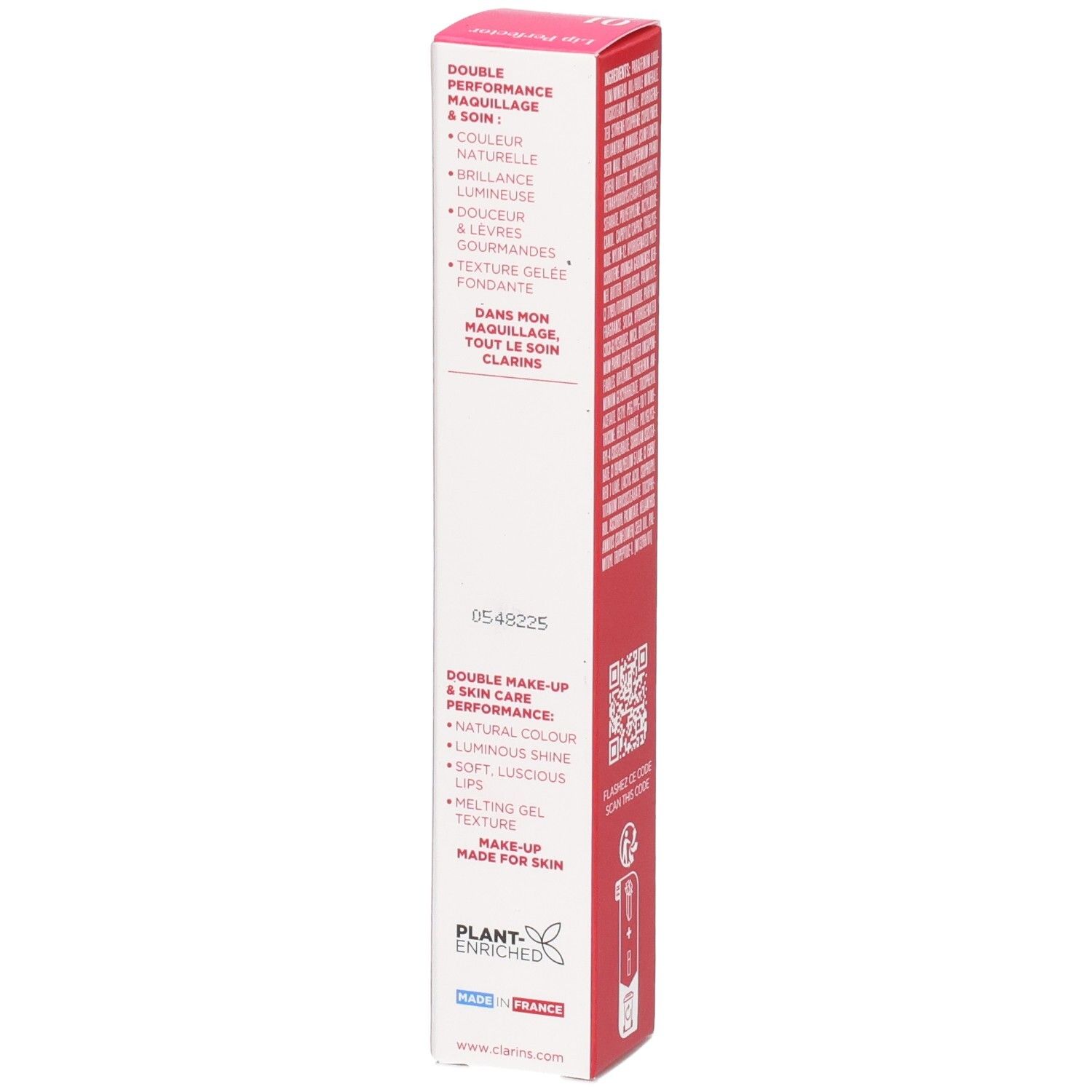 Emballage Clarins Lip Perfector 01 avec bénéfices produit et sceau.