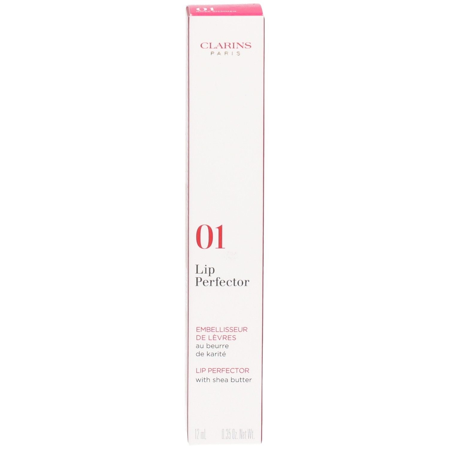 Clarins Lip Perfector 01 dans un emballage rose avec informations produit.