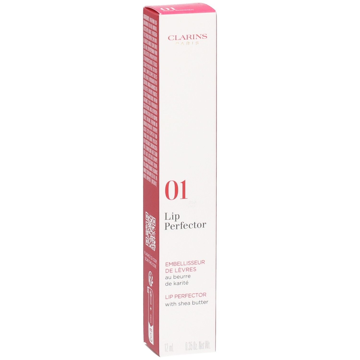 Emballage Clarins Lip Perfector 01 avec ingrédients et code QR.