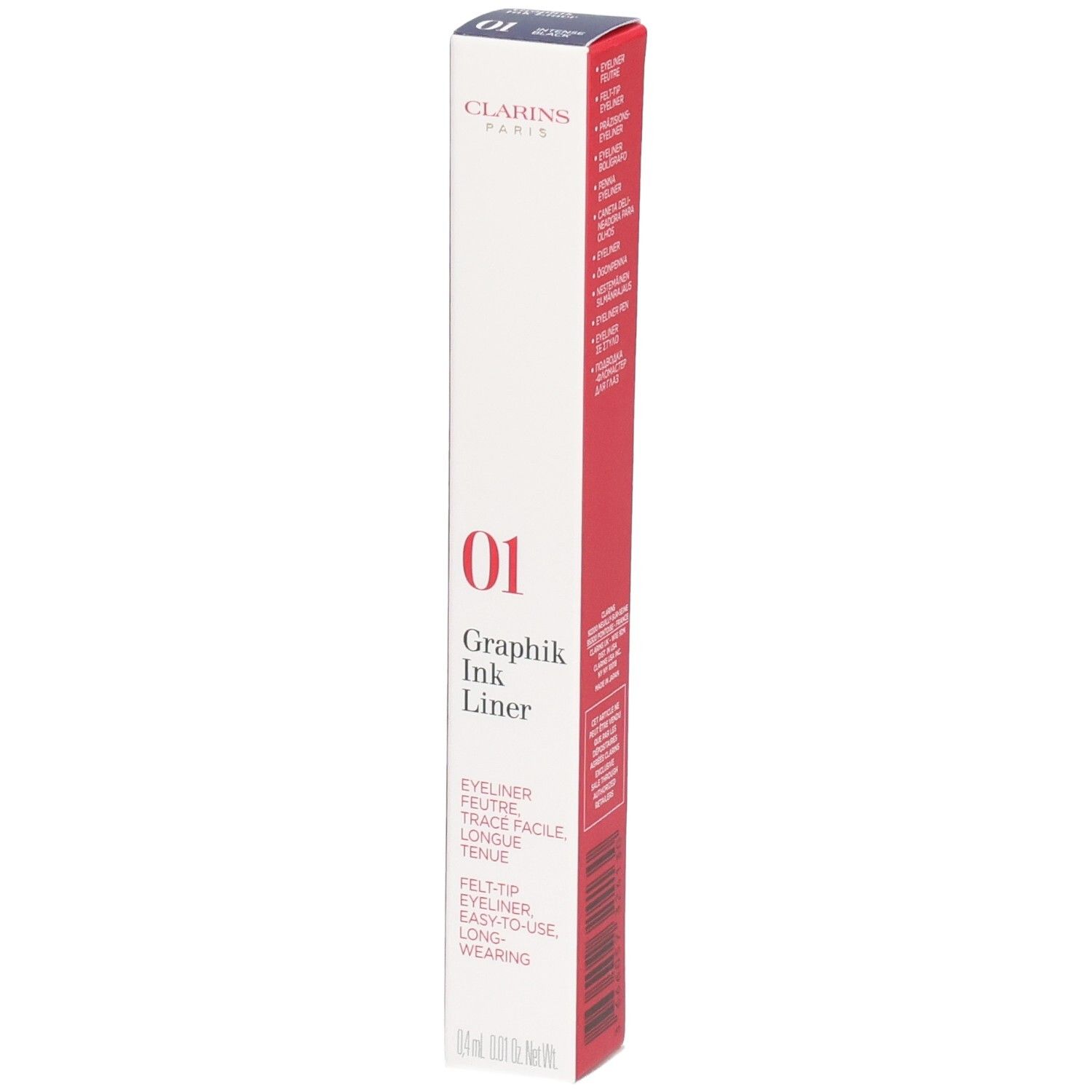 Emballage Clarins Graphik Ink Liner, noir et rouge, avec informations produit.