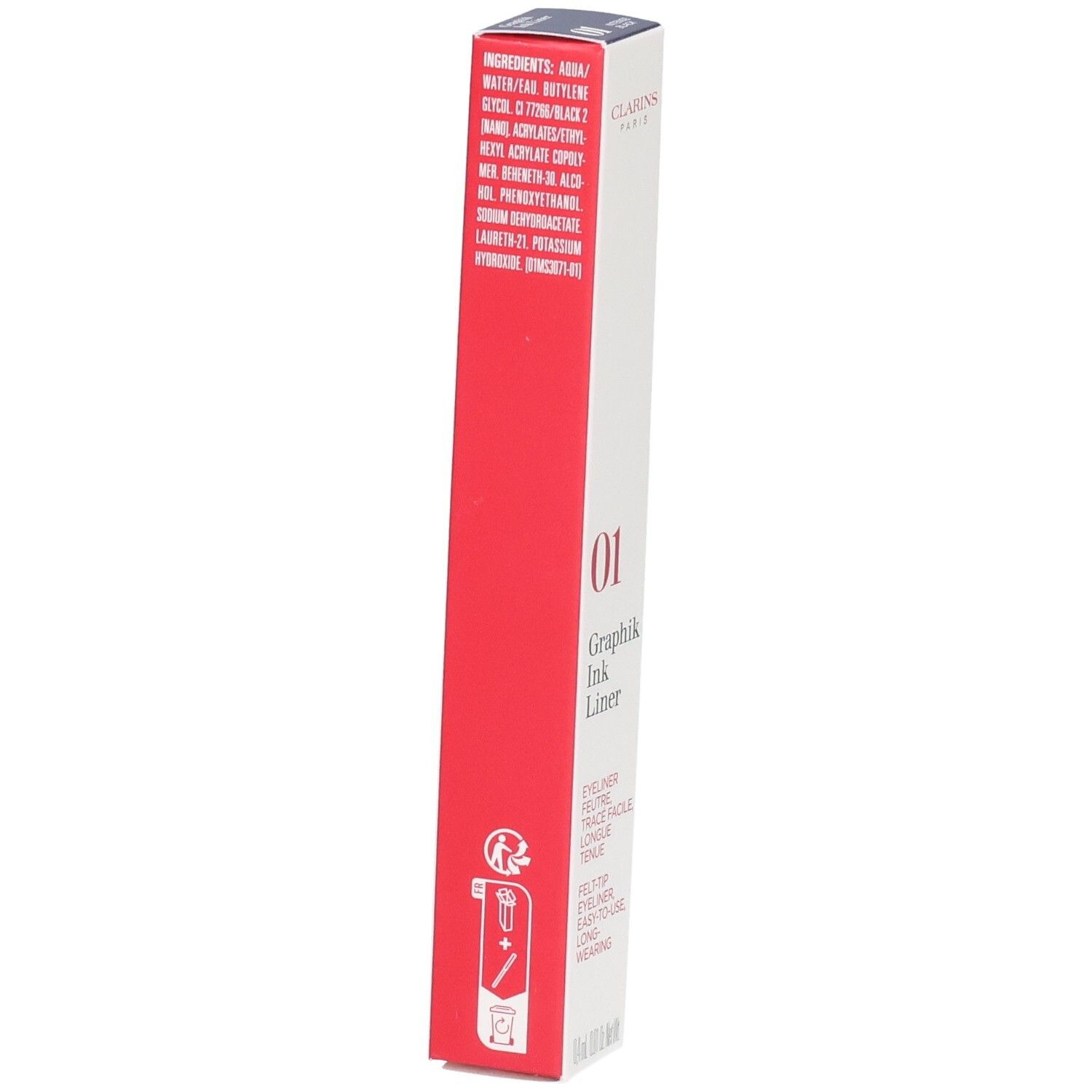 Emballage Clarins Graphik Ink Liner, dos avec ingrédients et instructions d'utilisation.