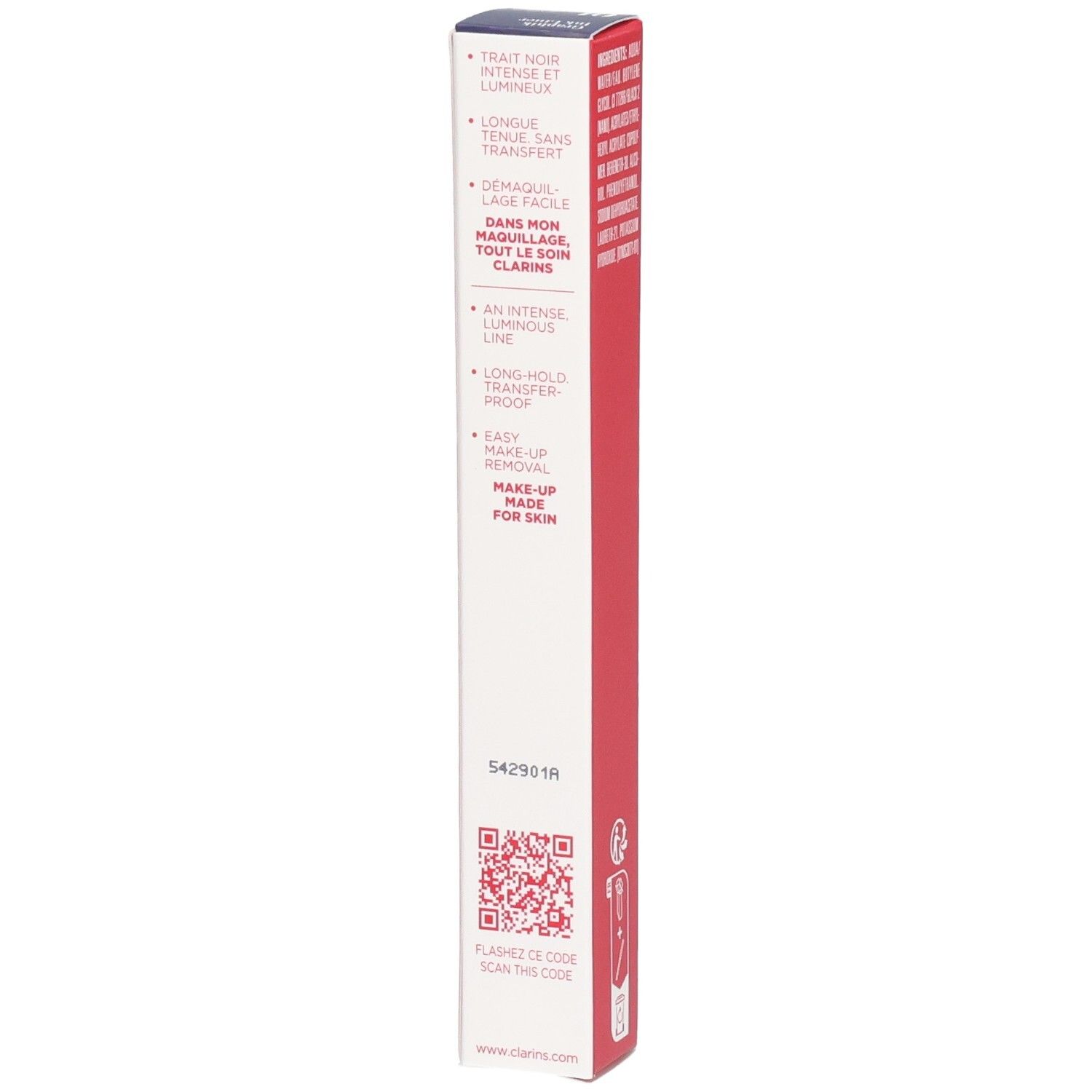 Emballage Clarins Graphik Ink Liner, côté avec avantages produit en plusieurs langues.