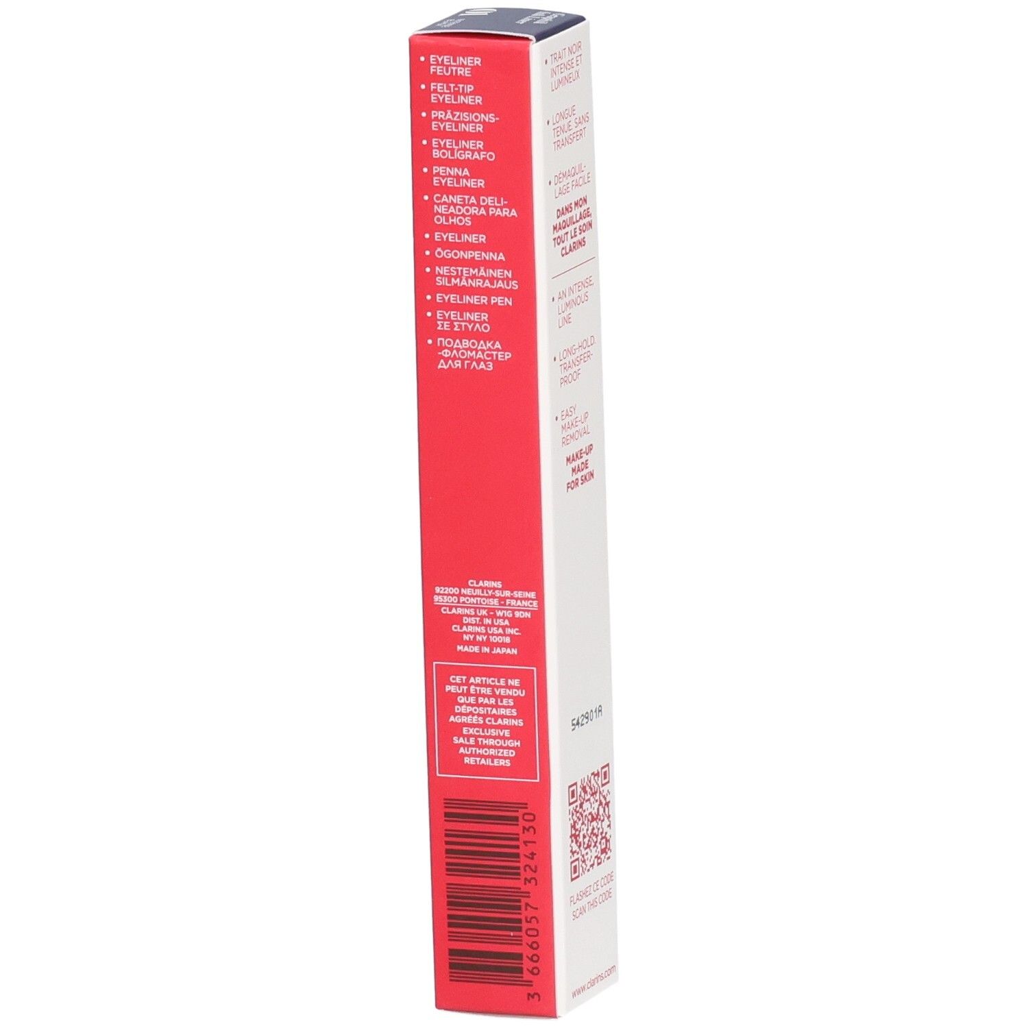 Emballage Clarins Graphik Ink Liner, côté avec noms de produits en différentes langues.