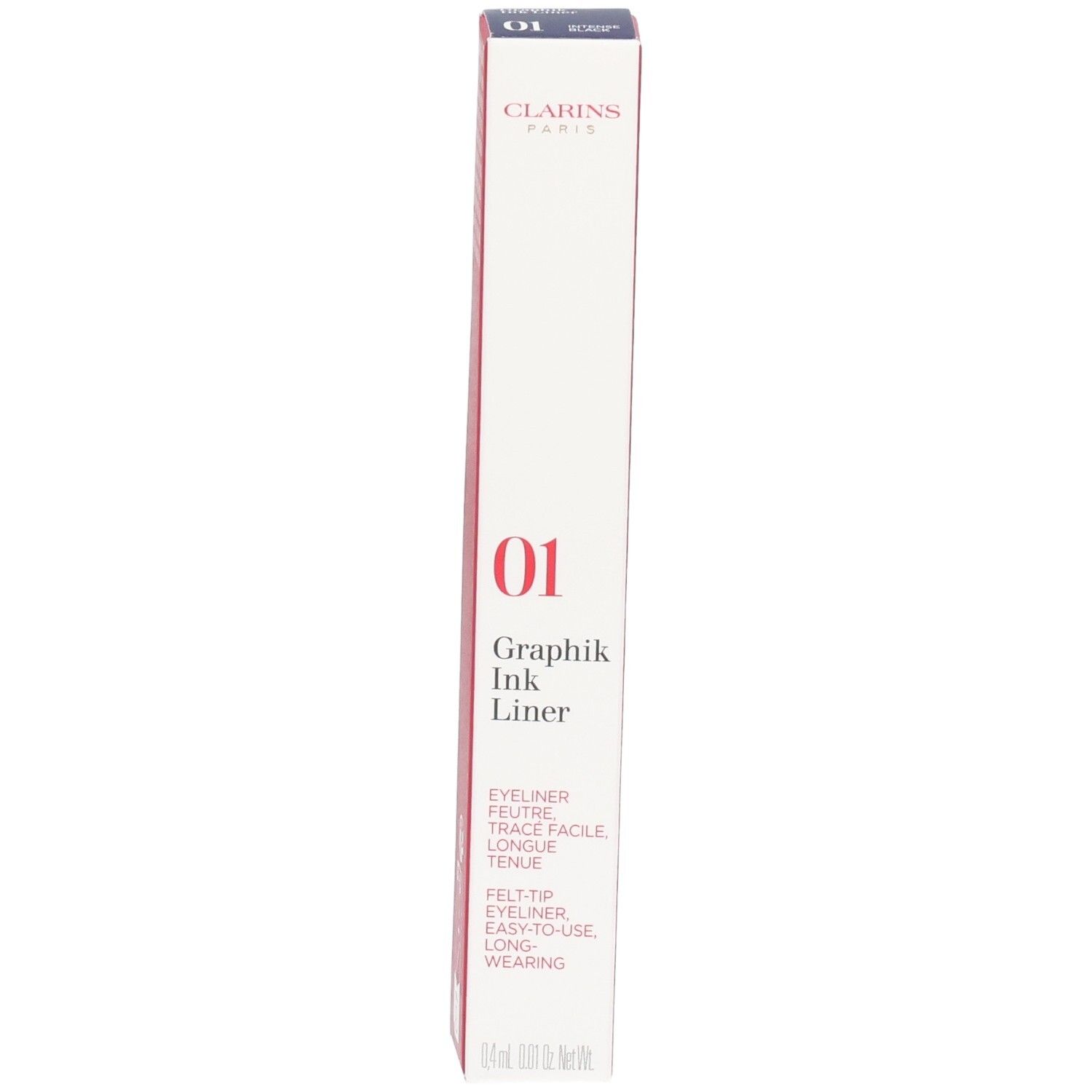 Emballage Clarins Graphik Ink Liner, face avant avec nom produit '01 Graphik Ink Liner'.