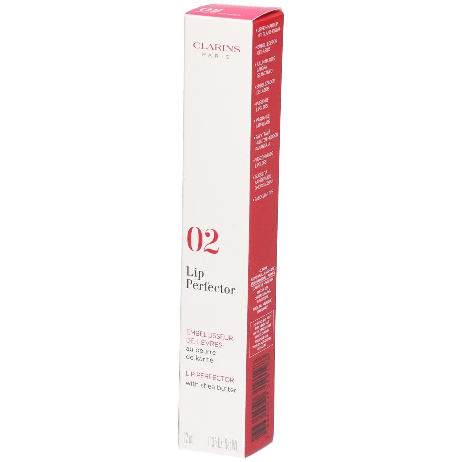 Clarins Lip Perfector 02 en boîte, enrichi au beurre de karité.
