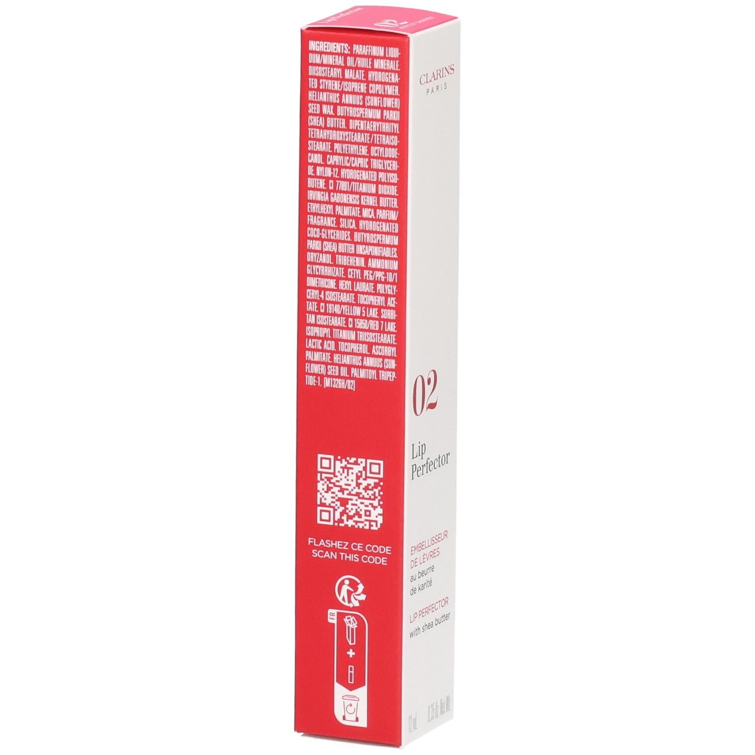 Clarins Lip Perfector 02 boîte, verso avec ingrédients et code QR.