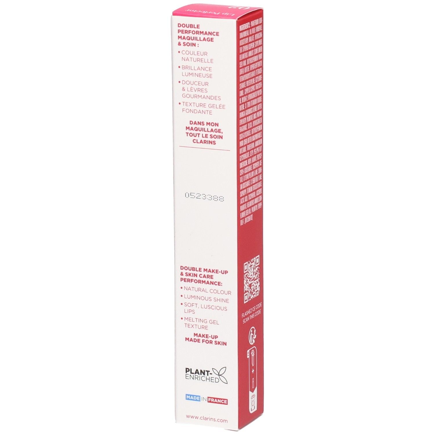 Clarins Lip Perfector 02 boîte, côté avec bénéfices produit et origine.