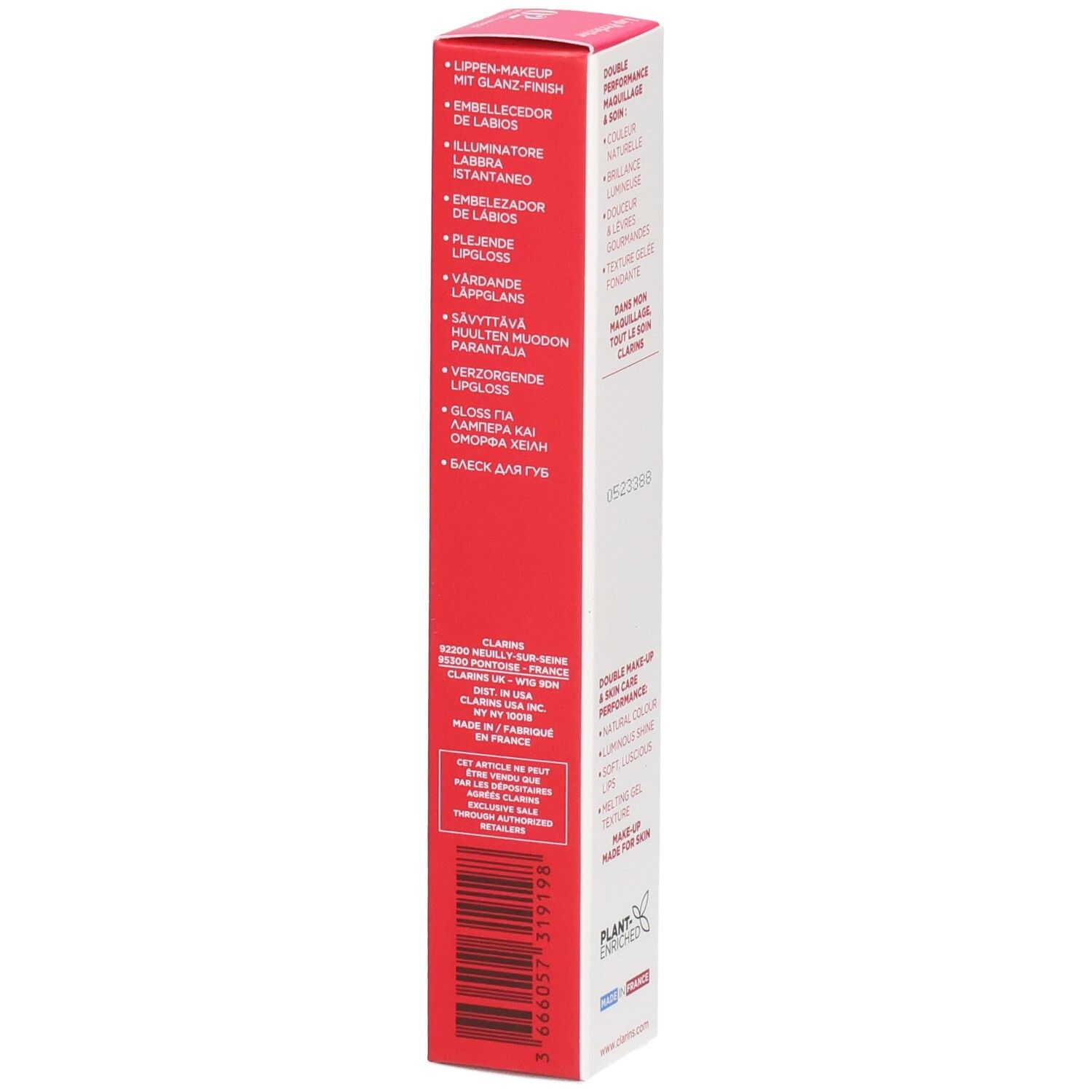 Clarins Lip Perfector 02 boîte, côté avec descriptions produit multilingues.
