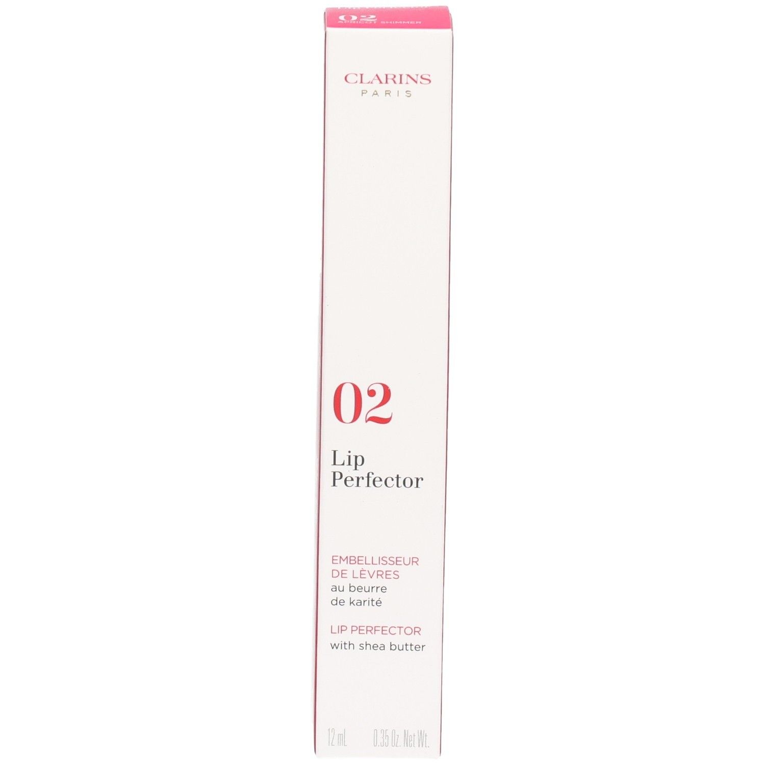 Clarins Lip Perfector 02 en boîte, enrichi au beurre de karité.