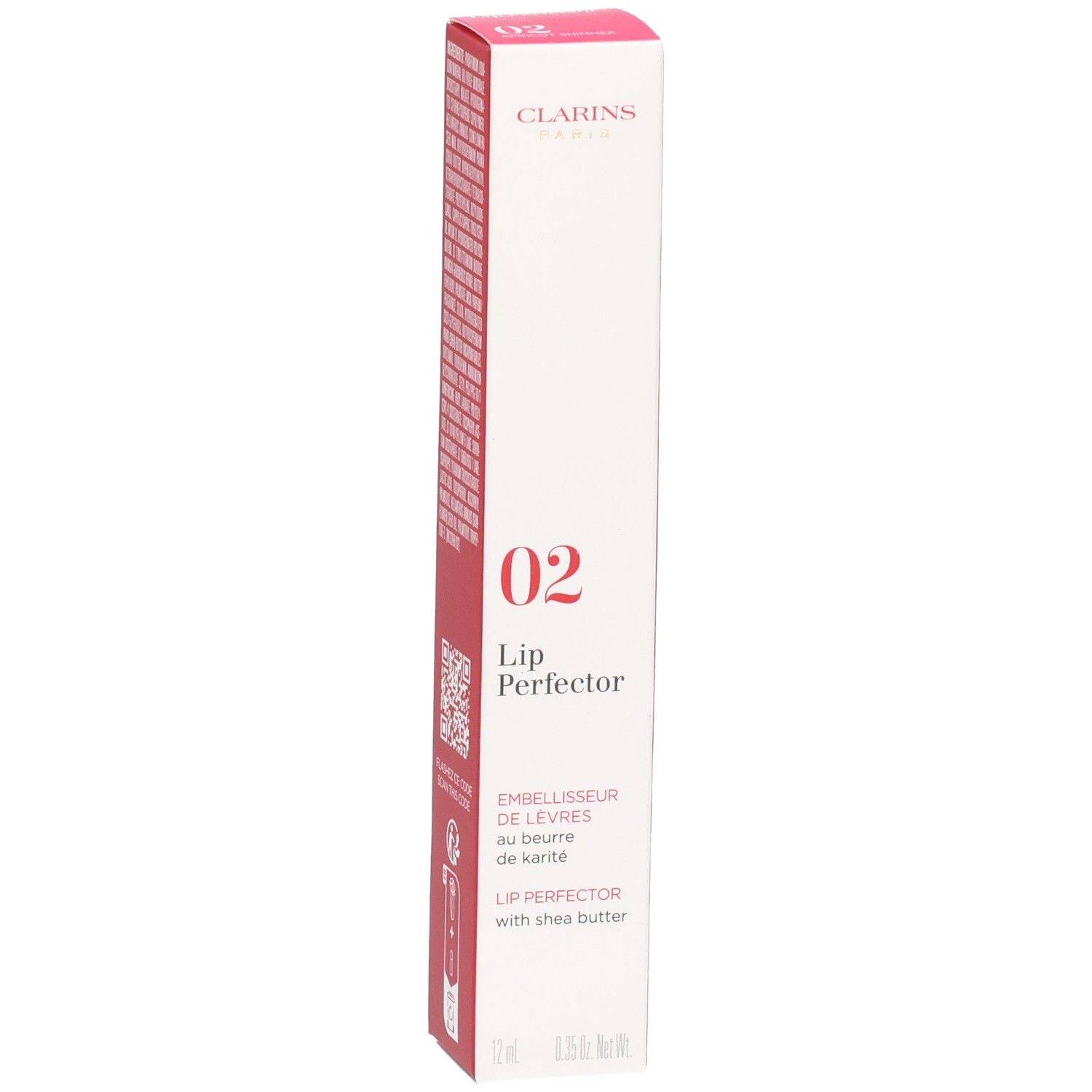 Clarins Lip Perfector 02 boîte, verso avec ingrédients et code QR.