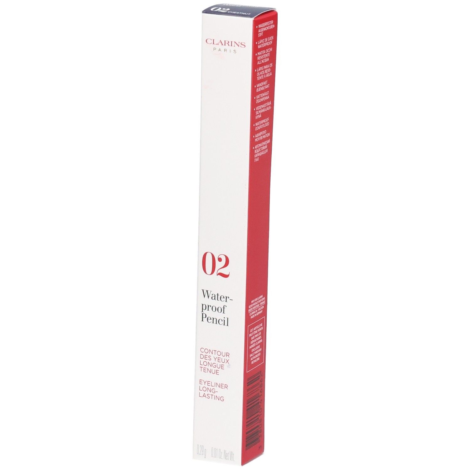 Emballage Clarins Crayon Waterproof 02 Châtaigne, avec informations produit.