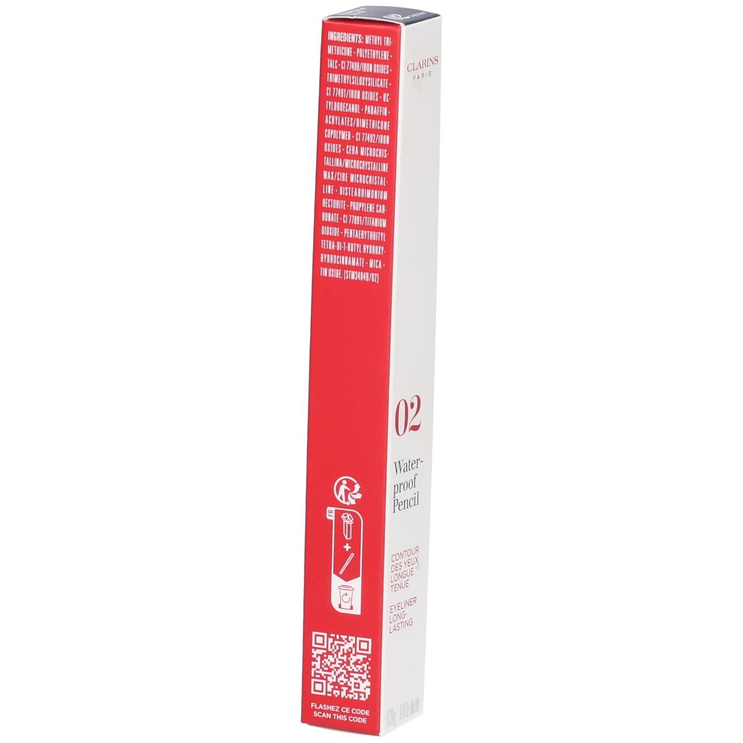 Emballage Clarins Crayon Waterproof 02 Châtaigne, avec ingrédients et instructions.