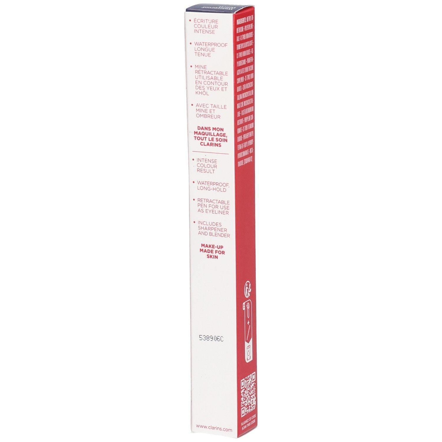 Emballage Clarins Crayon Waterproof 02 Châtaigne, avec caractéristiques et instructions.