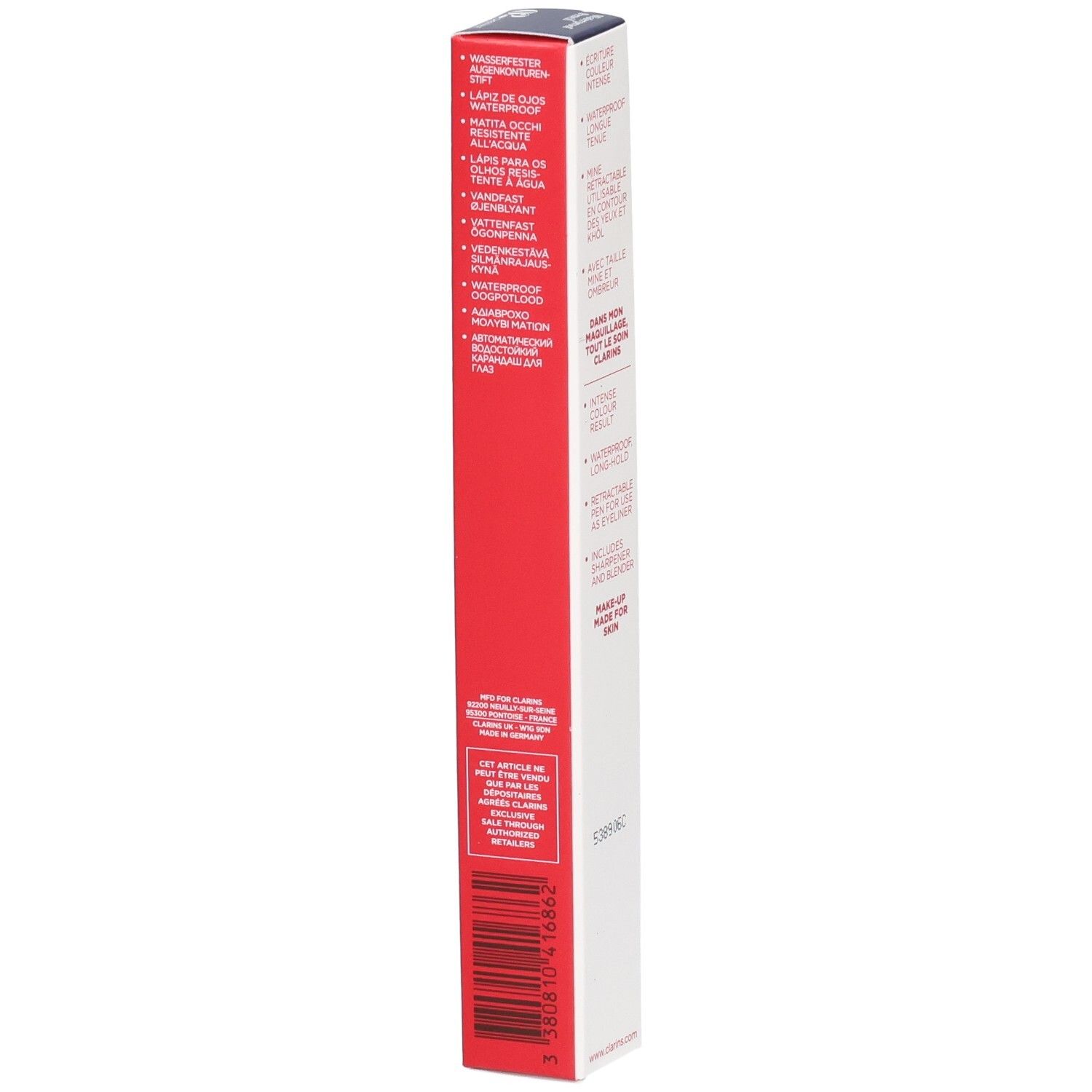 Emballage Clarins Crayon Waterproof 02 Châtaigne, avec informations produit multilingues.
