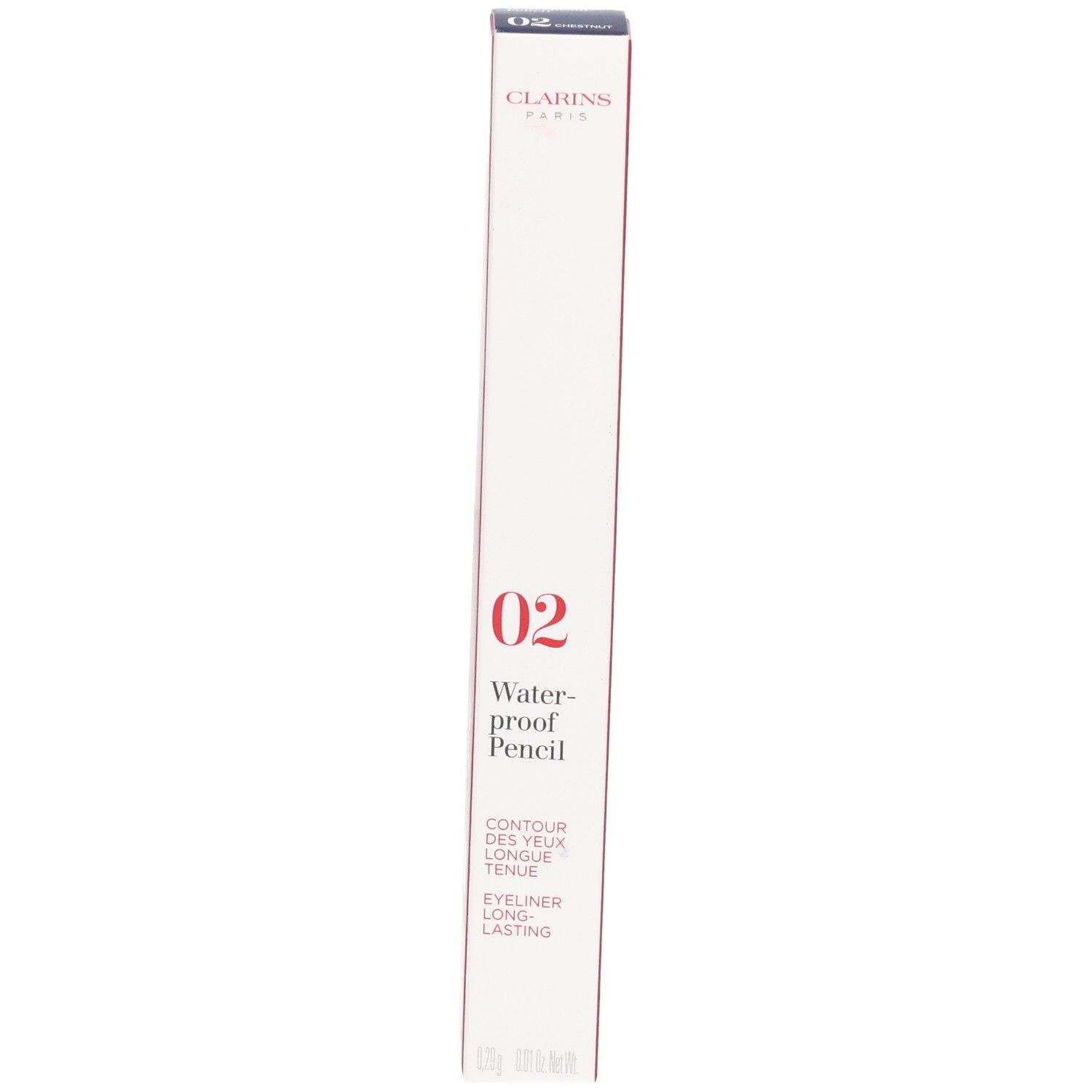 Emballage Clarins Crayon Waterproof 02 Châtaigne, avec caractéristiques et instructions.