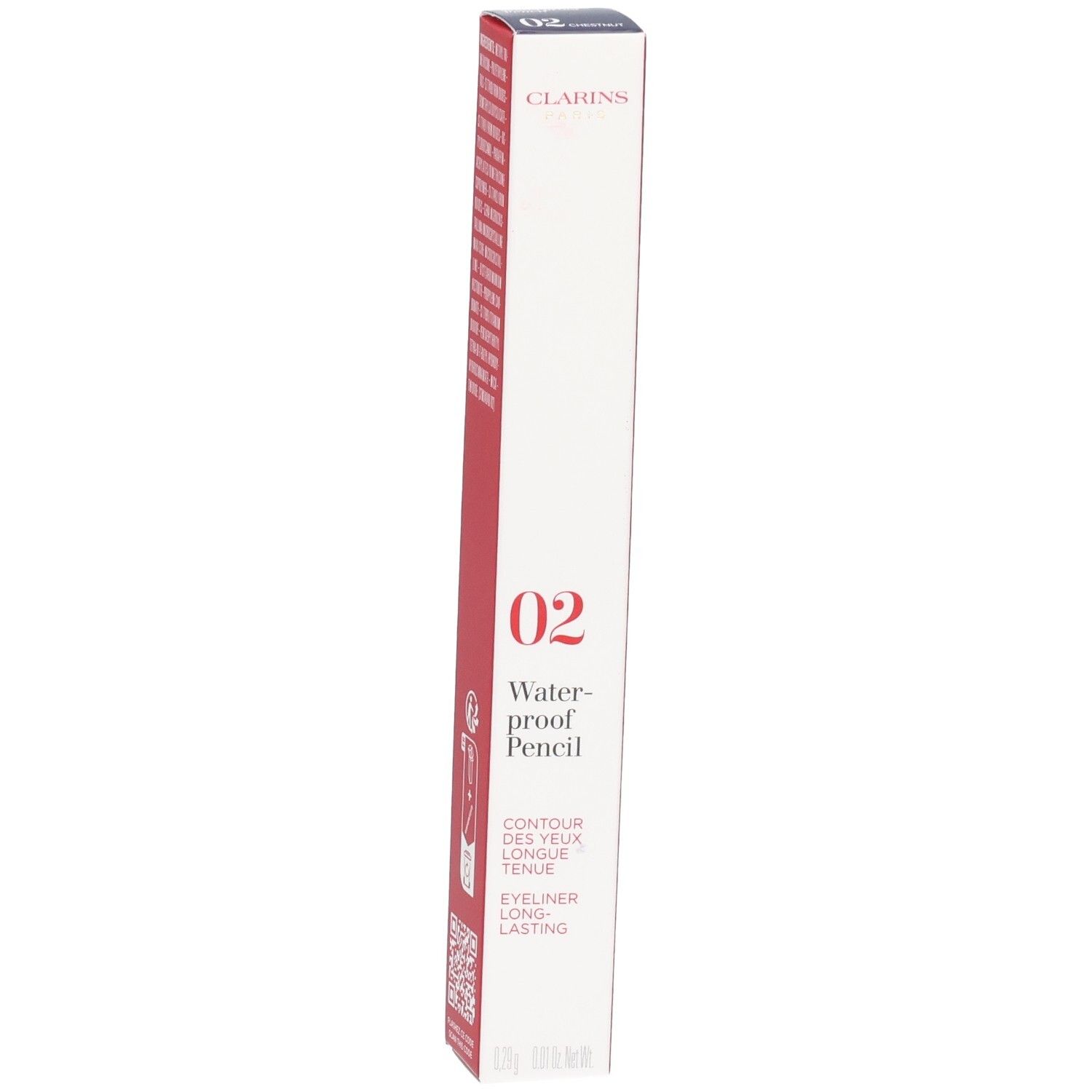 Emballage Clarins Crayon Waterproof 02 Châtaigne, avec caractéristiques et instructions.