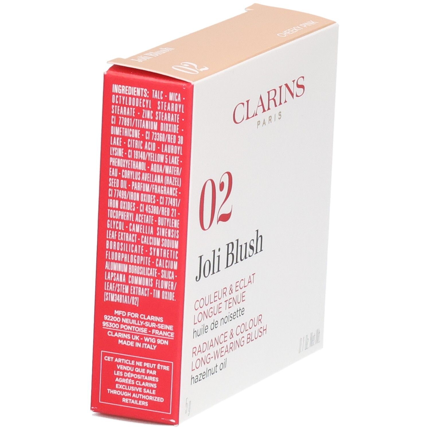 Clarins Joli Blush, verso avec ingrédients et indications, Fabriqué en Italie.