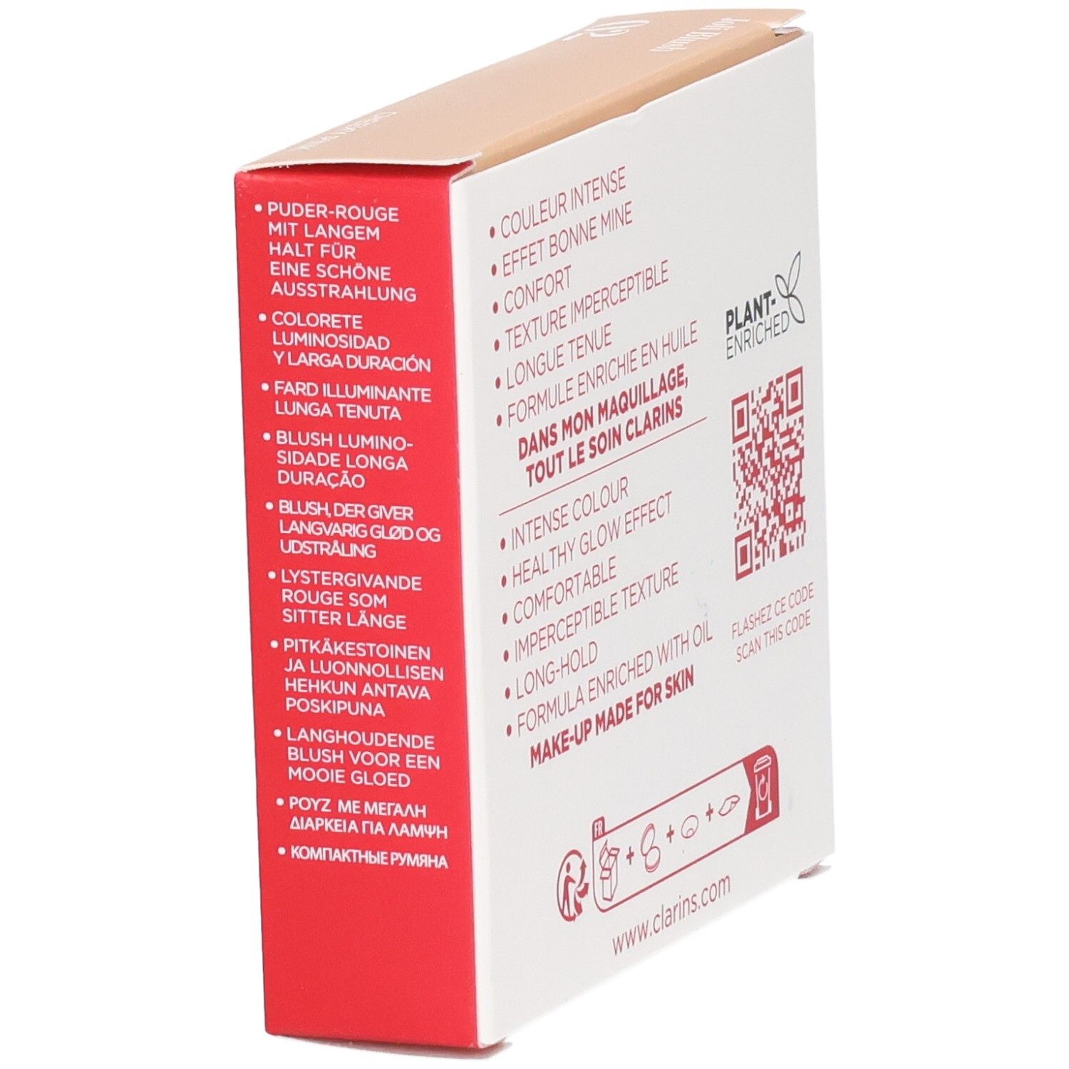 Clarins Joli Blush, côté avec avantages produit en plusieurs langues et QR code.