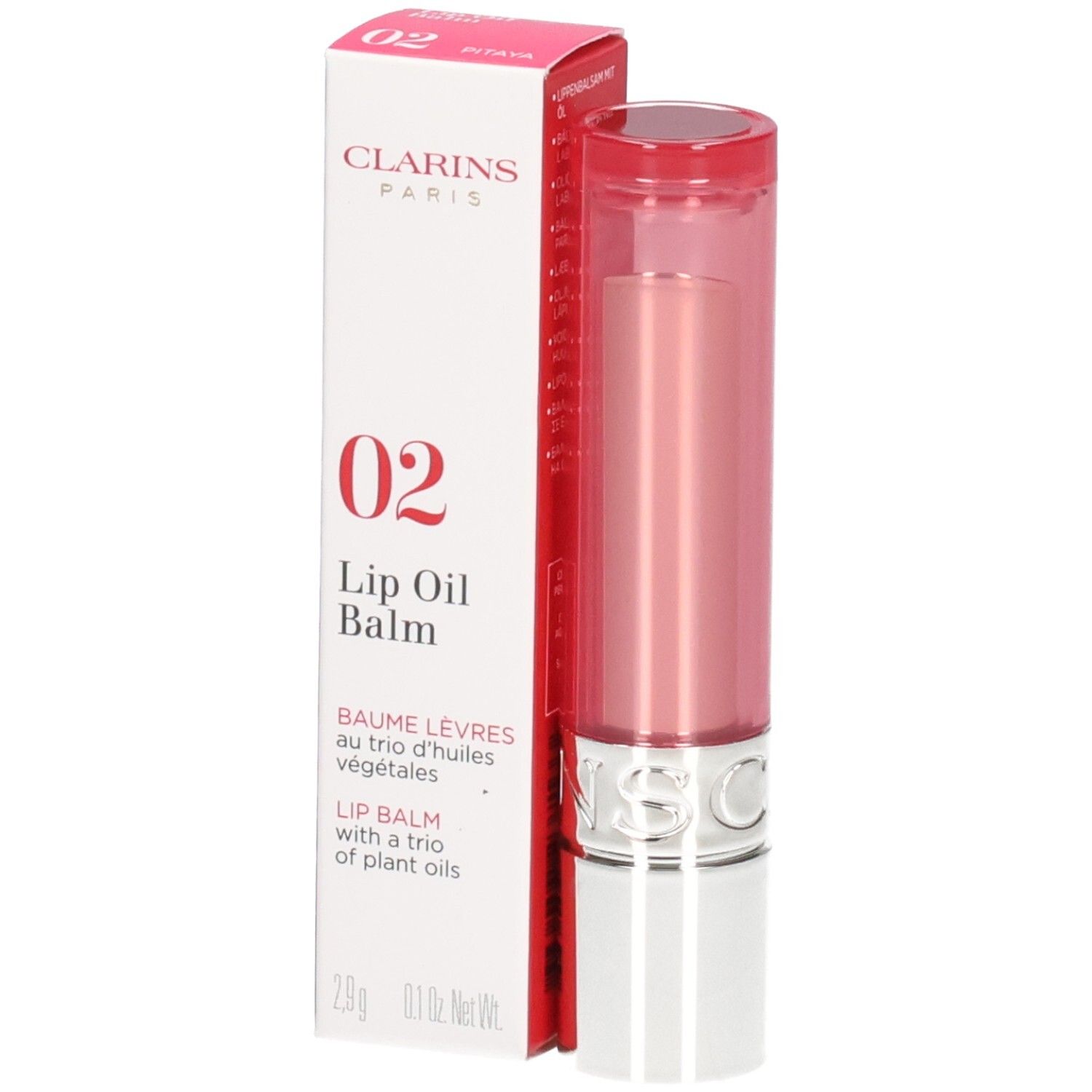 Clarins Lip Oil Balm 02 dans son emballage rose, position verticale.