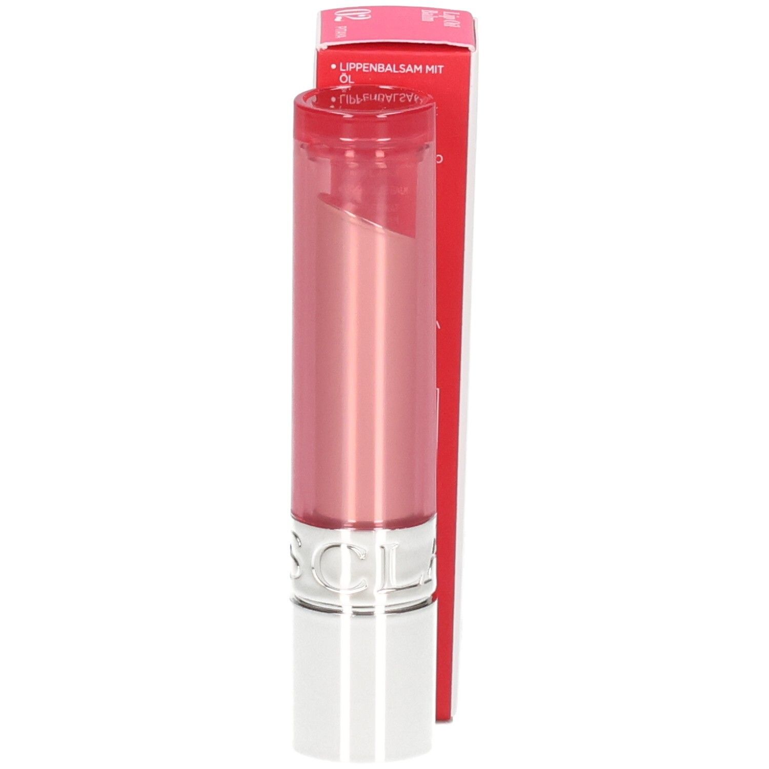 Clarins Lip Oil Balm 02, baume à lèvres à côté de son emballage.