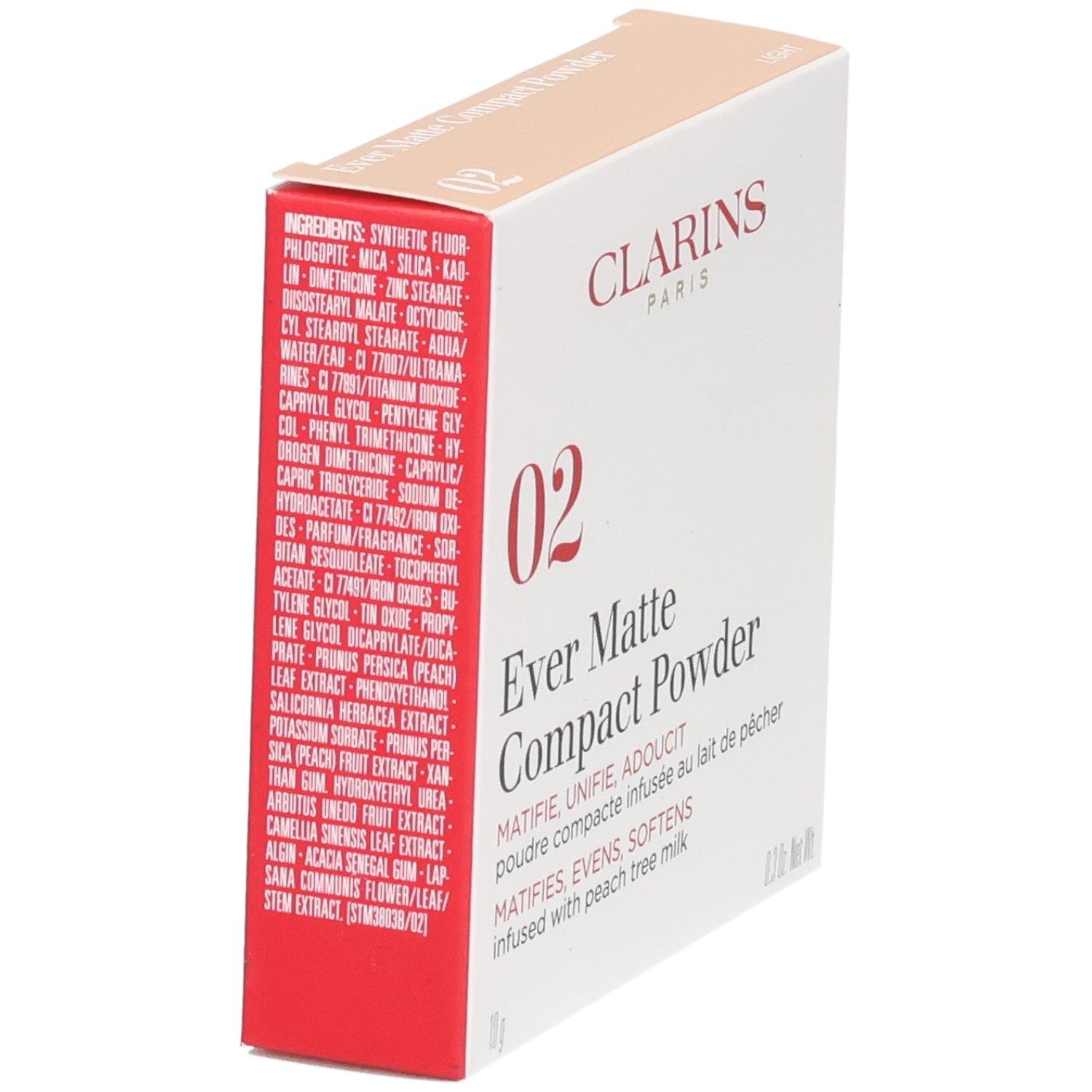 Clarins Ever Matte Compact Powder 02 Light emballage avec ingrédients. Poudre compacte matifiante.