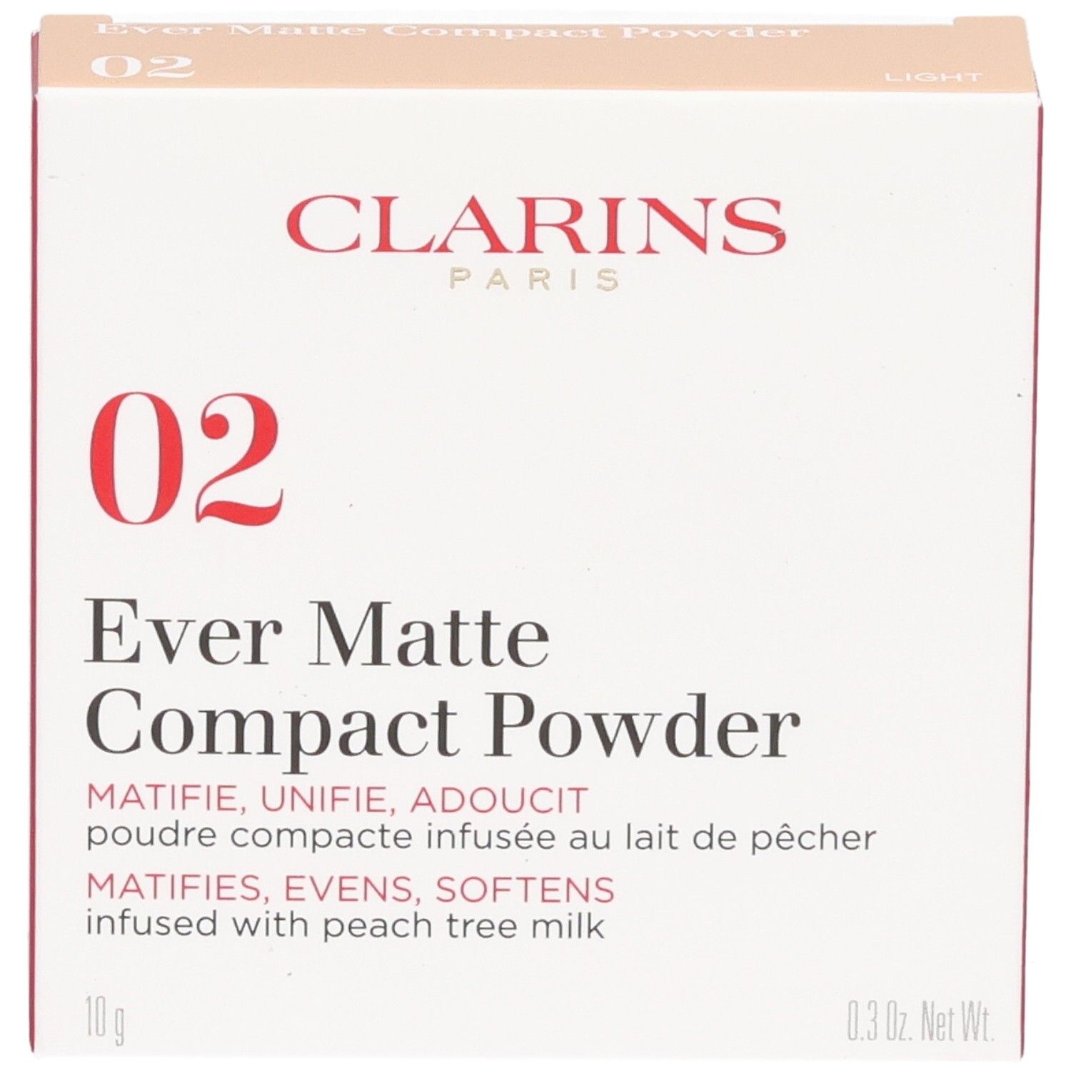 Clarins Ever Matte Compact Powder 02 Light emballage. Poudre compacte matifiante infusée de lait d'arbre à pêche.