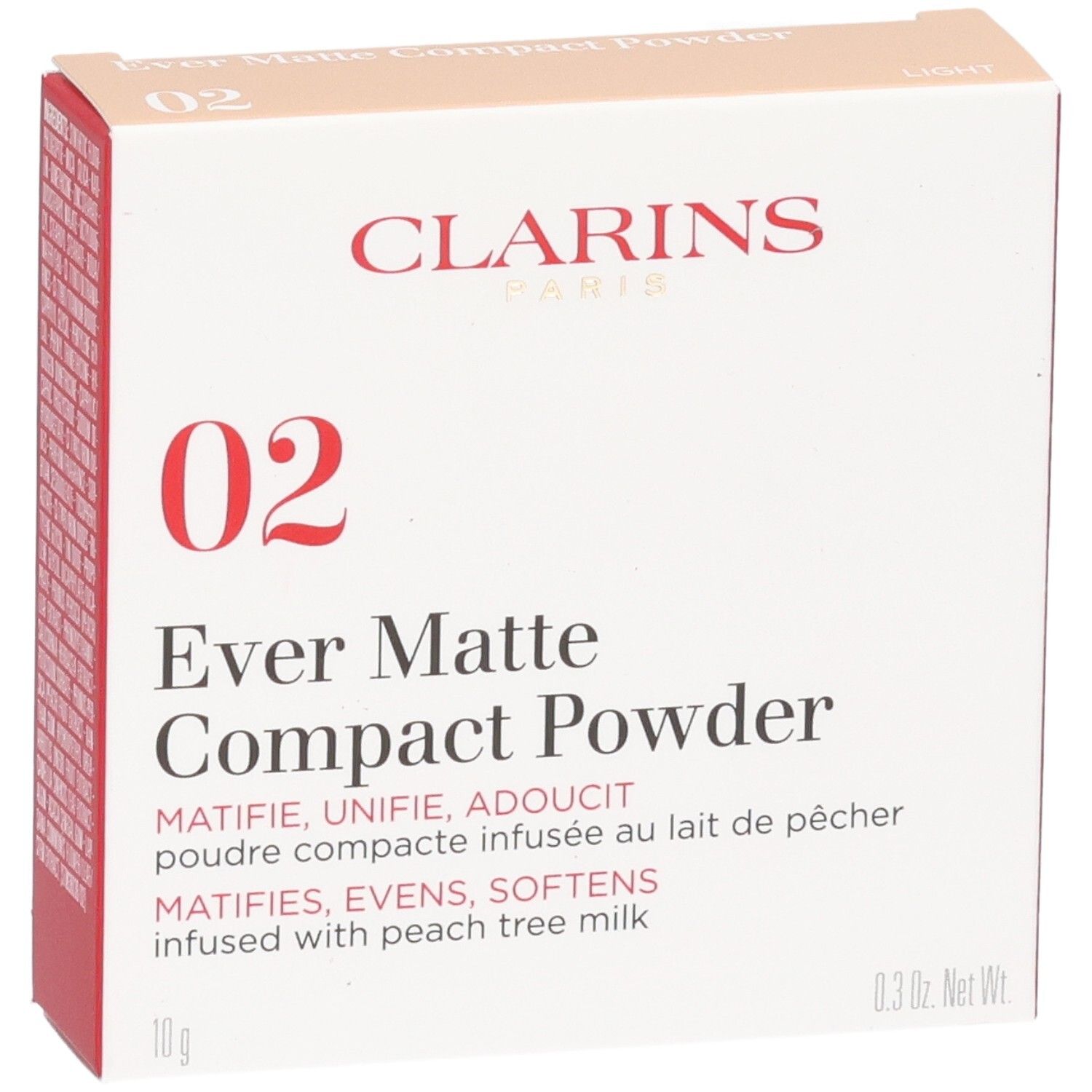 Clarins Ever Matte Compact Powder 02 Light emballage. Poudre compacte matifiante infusée de lait d'arbre à pêche.