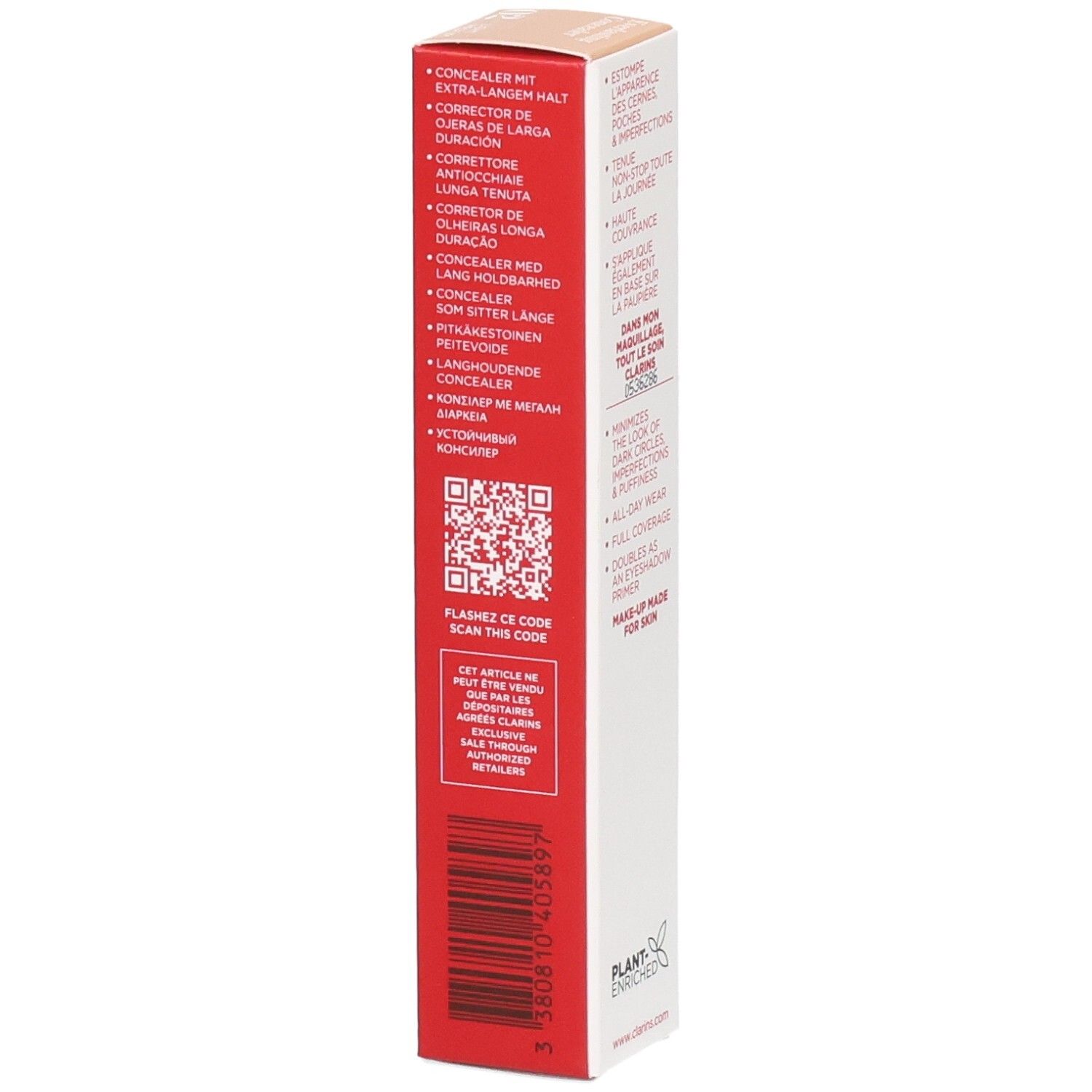 Clarins Everlasting Concealer 02 emballage carton, côté avec description produit multilingue et code QR.