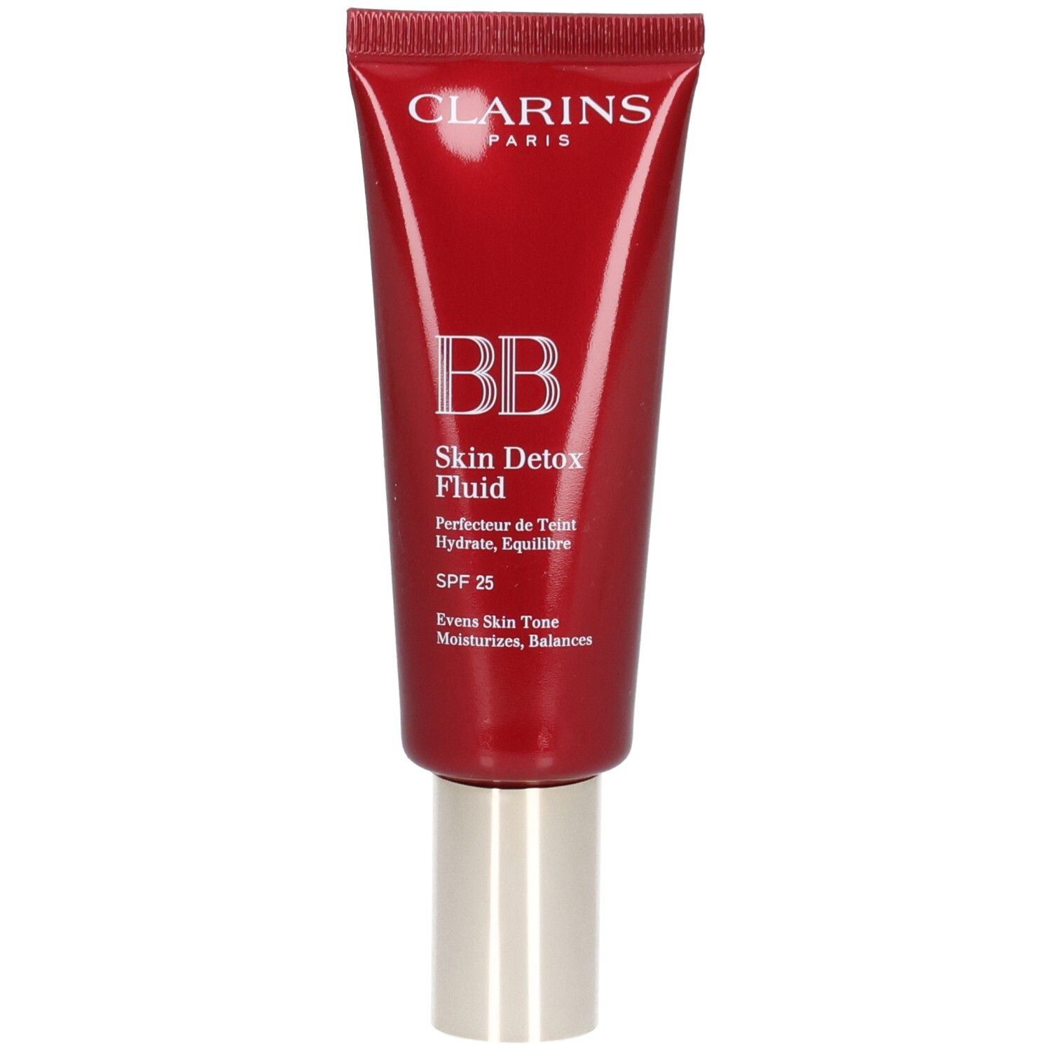 Clarins BB Skin Detox Fluid SPF25 02 Medium dans un tube rouge.