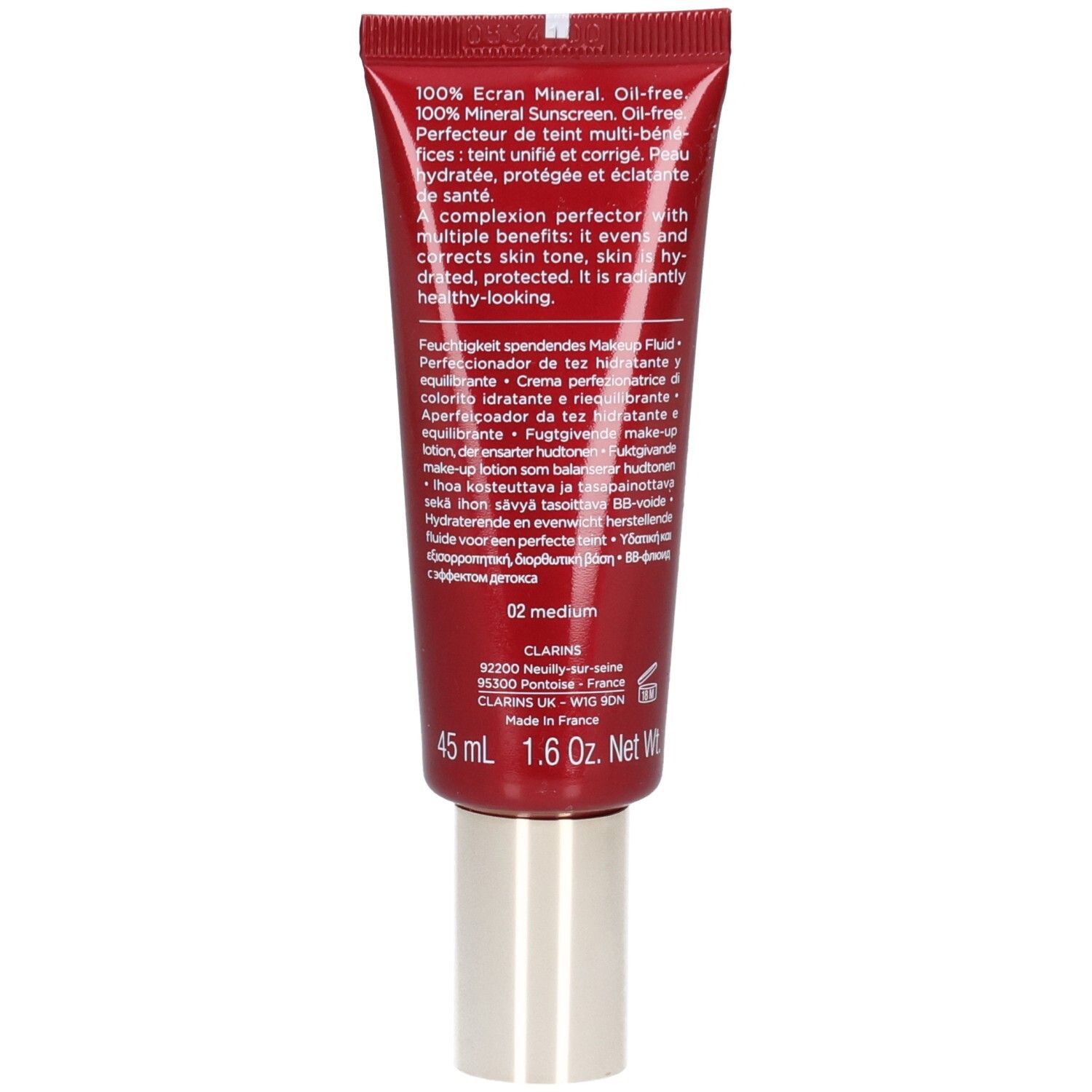 Arrière du tube Clarins BB Skin Detox Fluid SPF25 02 Medium avec informations produit.