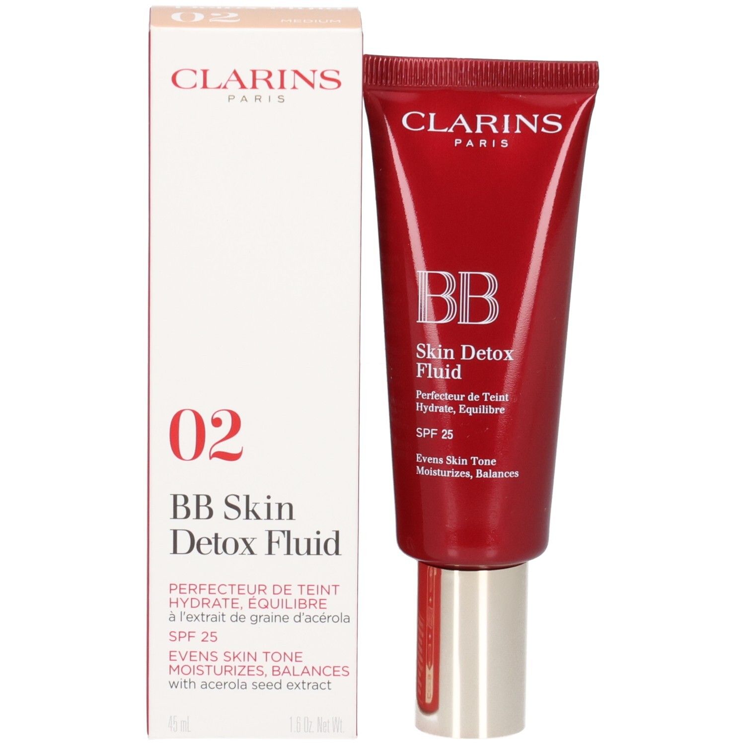 Clarins BB Skin Detox Fluid SPF25 02 Medium avec sa boîte.