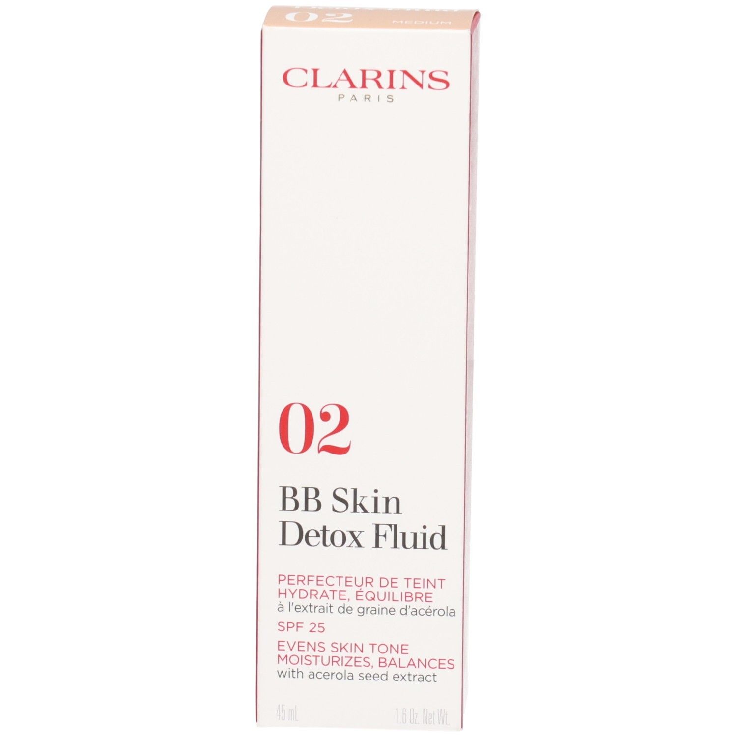 Boîte du Clarins BB Skin Detox Fluid SPF25 02 Medium avec caractéristiques produit.