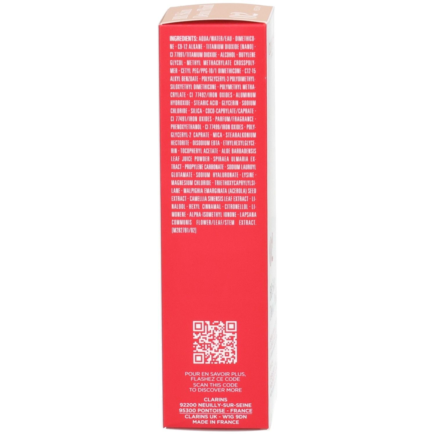 Côté de la boîte Clarins BB Skin Detox Fluid SPF25 02 Medium avec ingrédients.