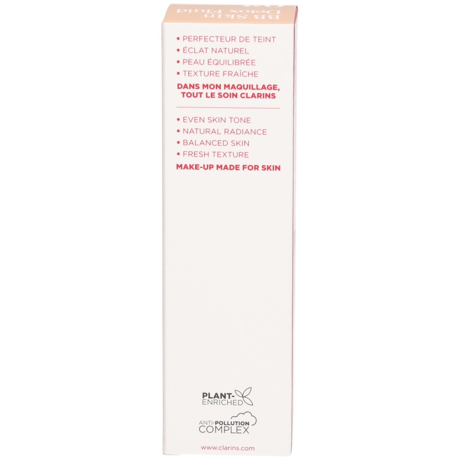 Côté de la boîte Clarins BB Skin Detox Fluid SPF25 02 Medium avec bénéfices produit.