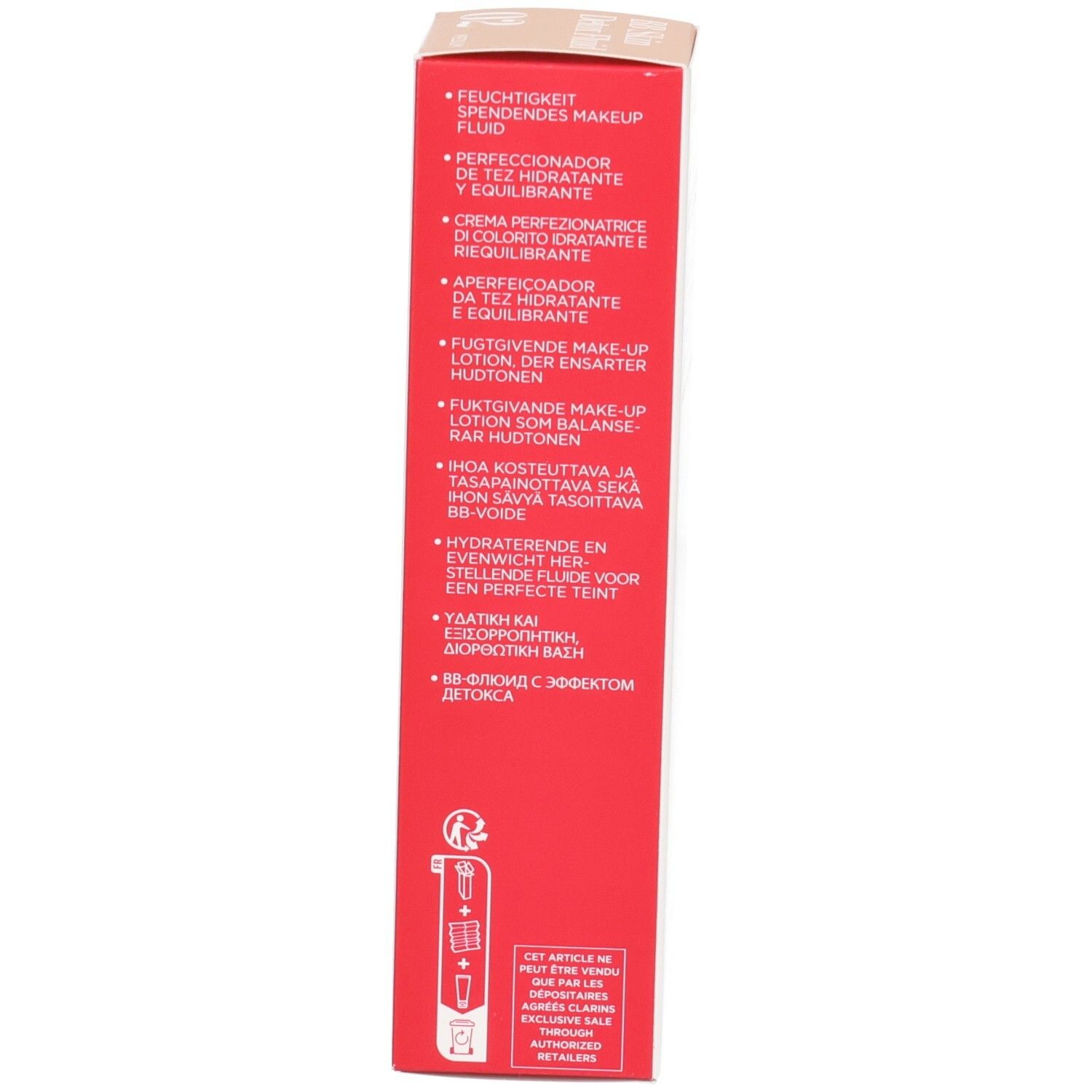 Côté de la boîte Clarins BB Skin Detox Fluid SPF25 02 Medium avec description d'usage.