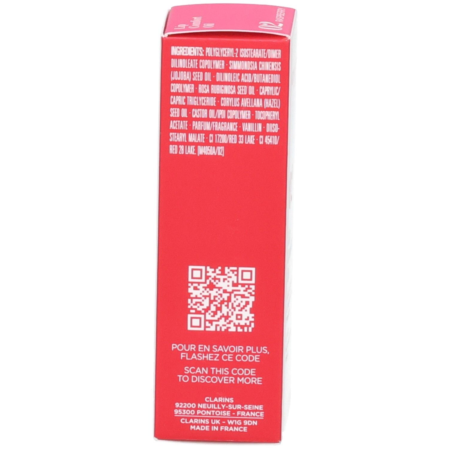Clarins Lip Comfort Oil 02 Raspberry : Arrière de la boîte avec ingrédients et code QR.