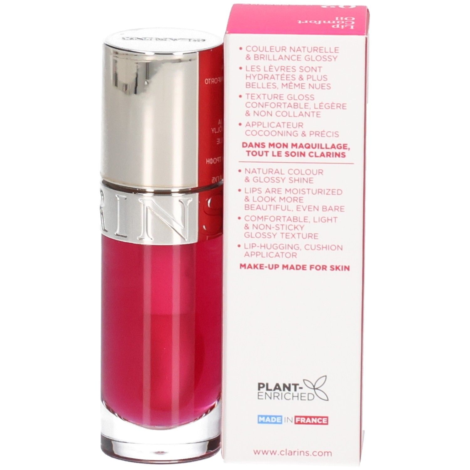 Clarins Lip Comfort Oil 02 Raspberry : Huile à lèvres en flacon avec boîte. Texture brillante.