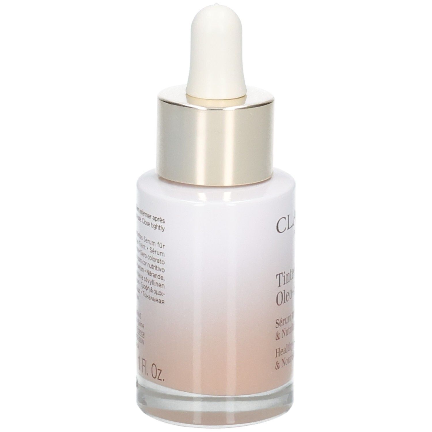 Arrière du flacon Clarins Tinted Oleo-Serum avec pipette, teinte 02.5.